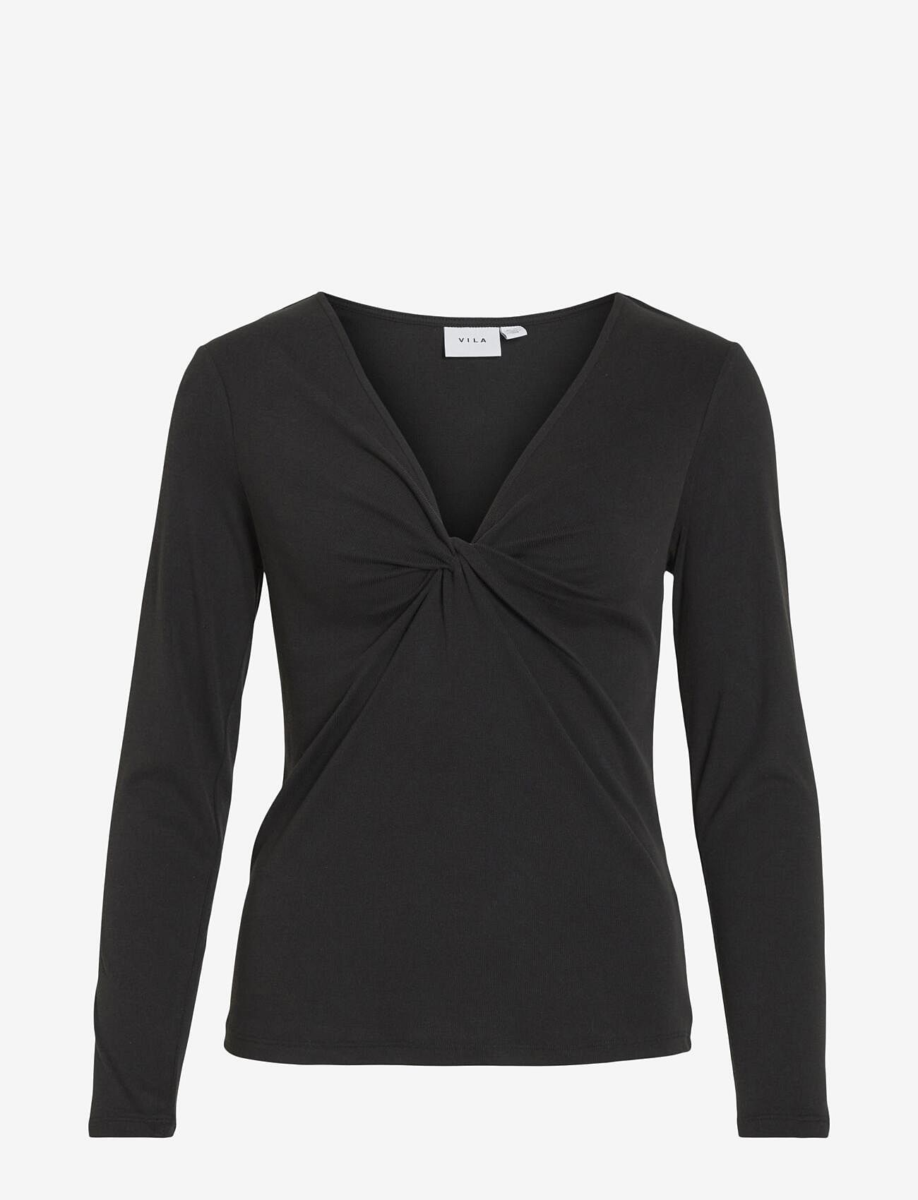 Vila - VILULLU V-NECK L/S KNOT TOP - NOOS - long-sleeved tops - black - 1