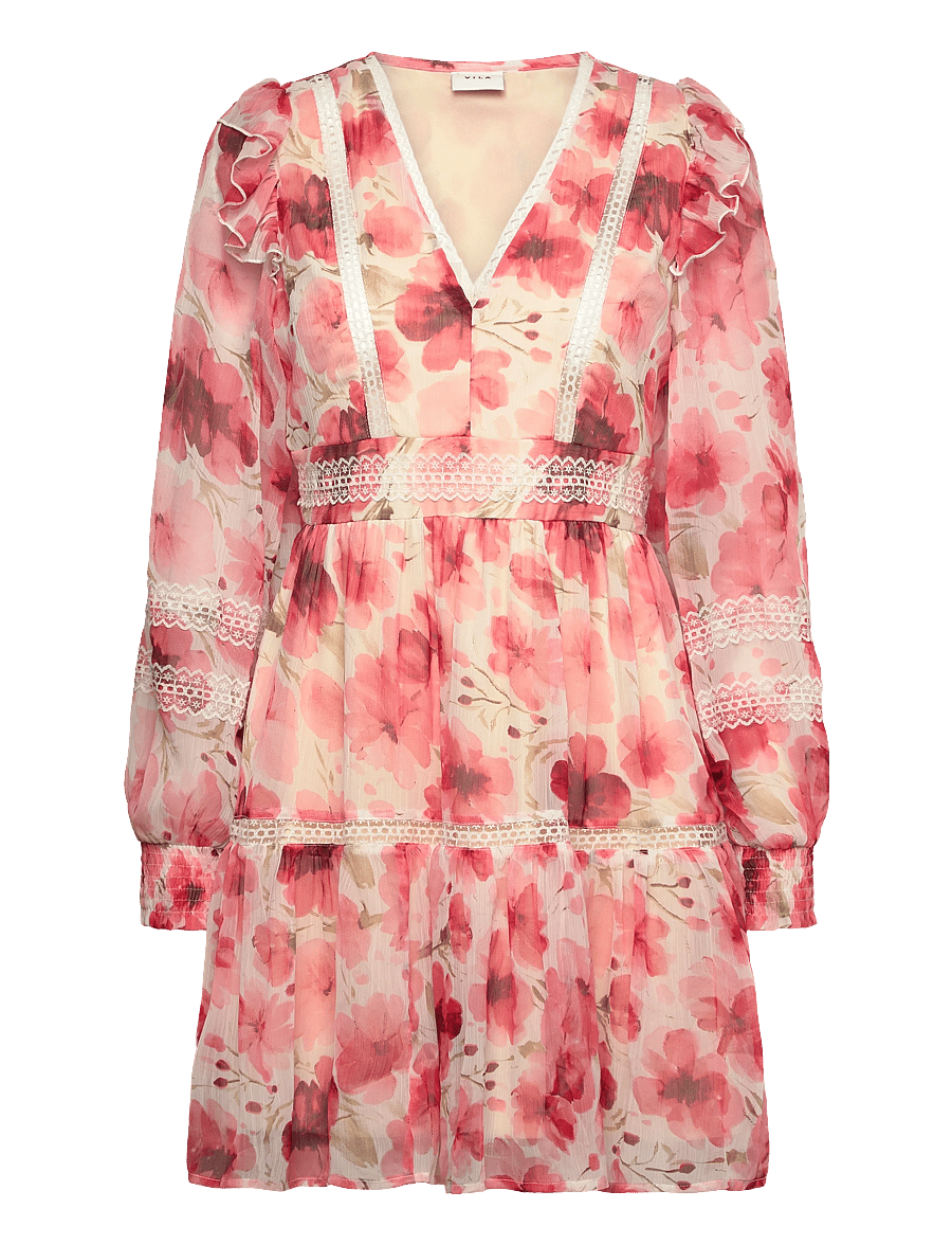 Vila - VIROMAN NEW V-NECK L/S SHORT DRESS/DC/KA - konfirmationstøj - birch - 0