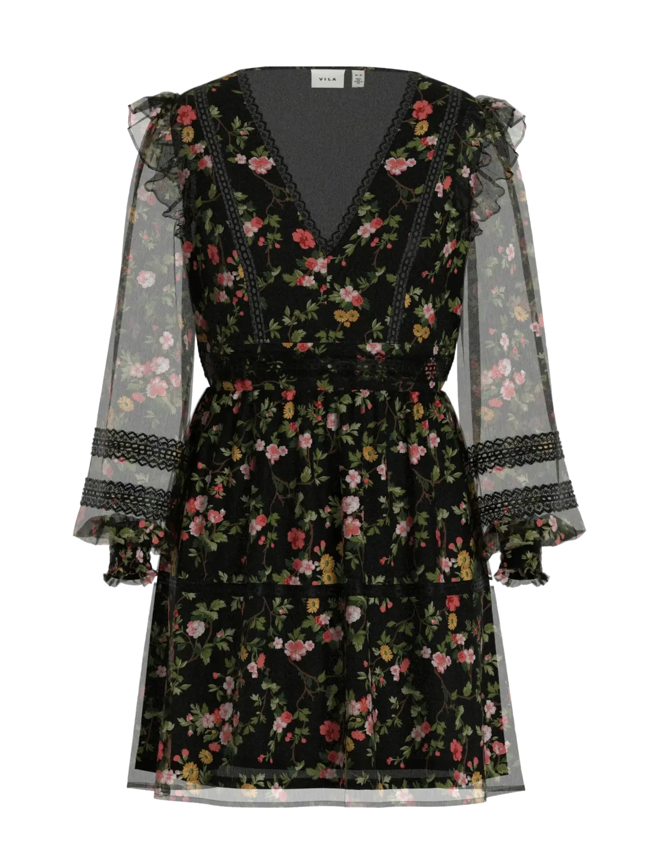 Vila Viroman New V-Neck L/S Short Dress/Dc/Ka, Kvinder, Blomstret V-Hals Langærmet Kort Kjole, Sort, Str: 42