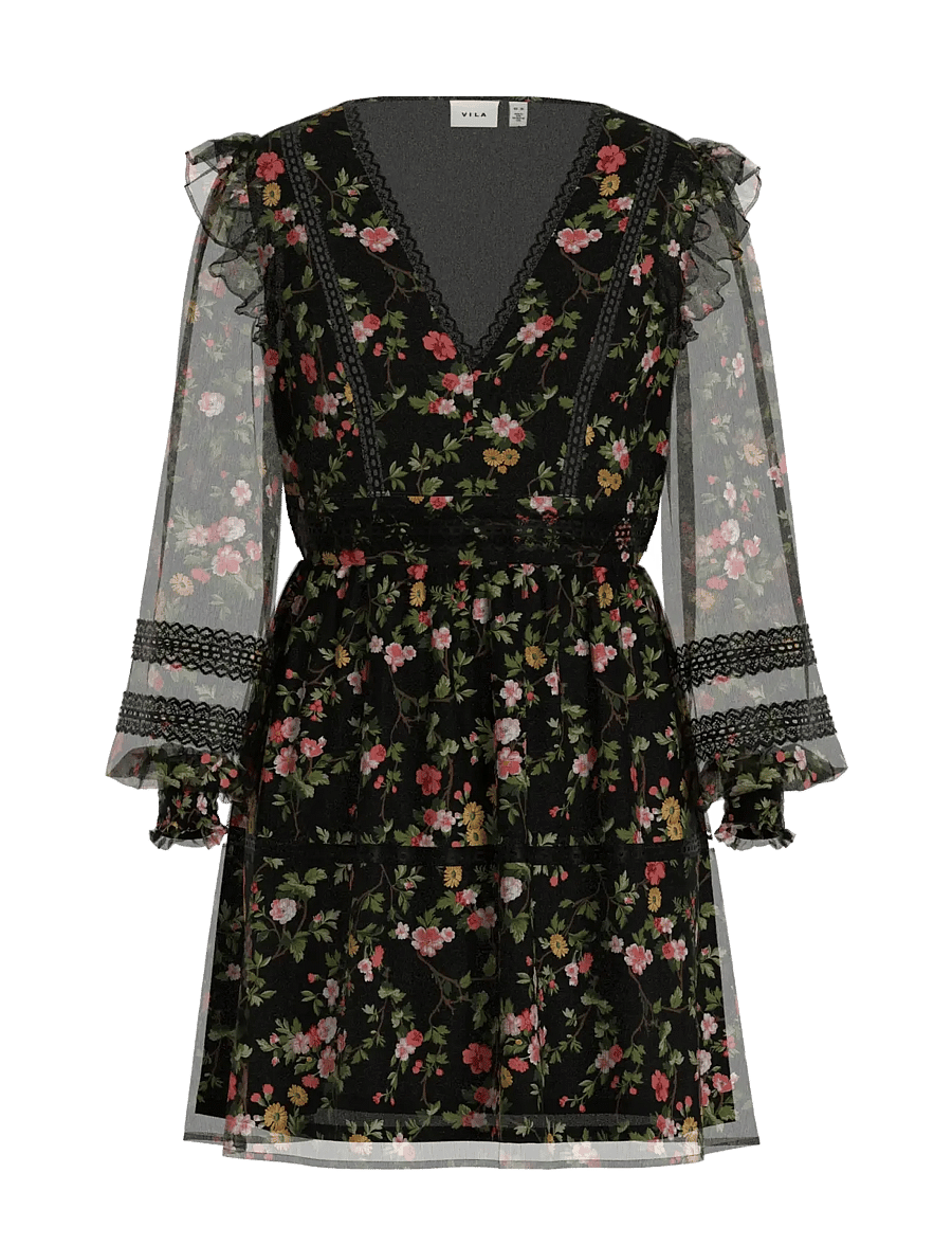 Vila - VIROMAN NEW V-NECK L/S SHORT DRESS/DC/KA - konfirmationstøj - black - 0