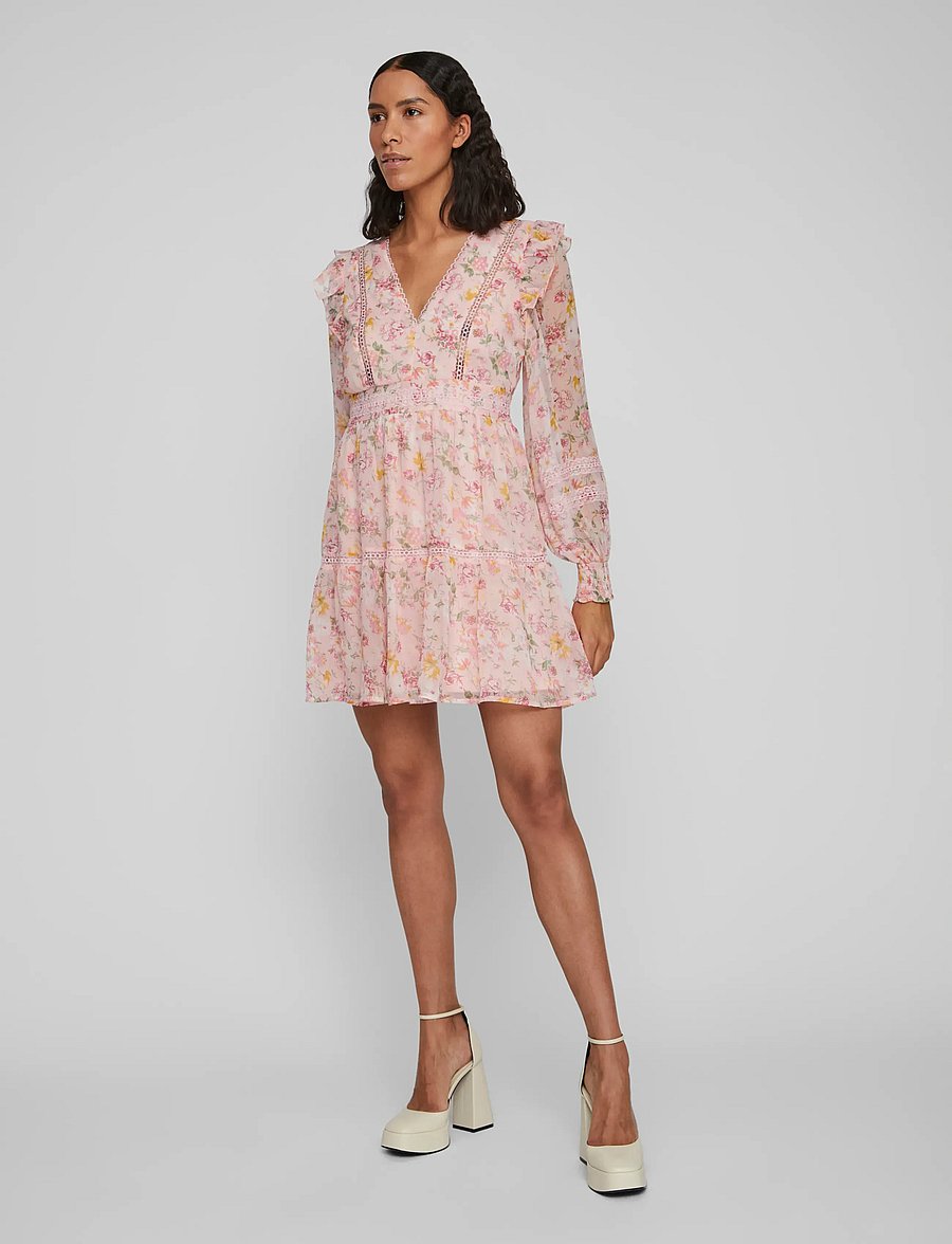 Vila - VIROMAN NEW V-NECK L/S SHORT DRESS/DC/KA - konfirmationstøj - misty rose - 0