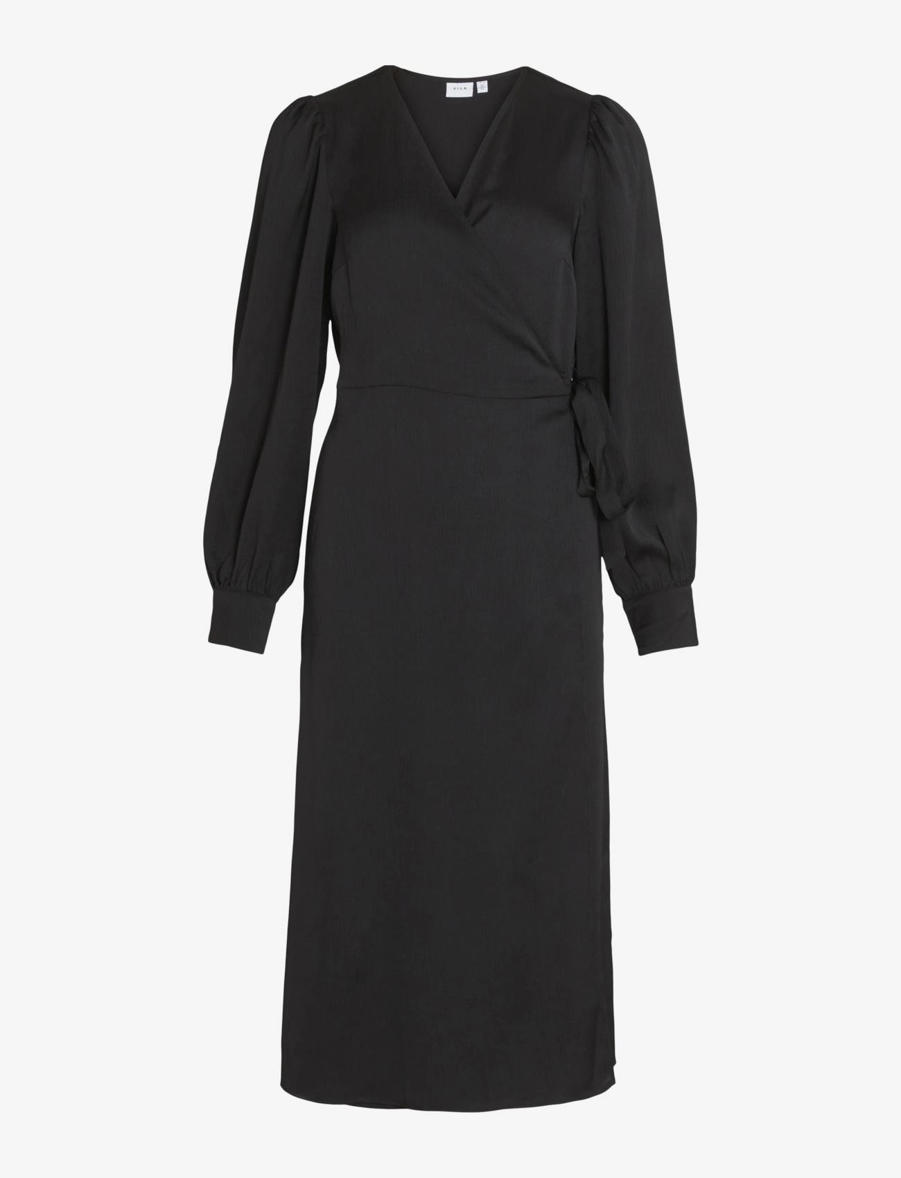 VILA Viomi L/S Satin Wrap Kleid/Su Schwarz - 34 - Damen