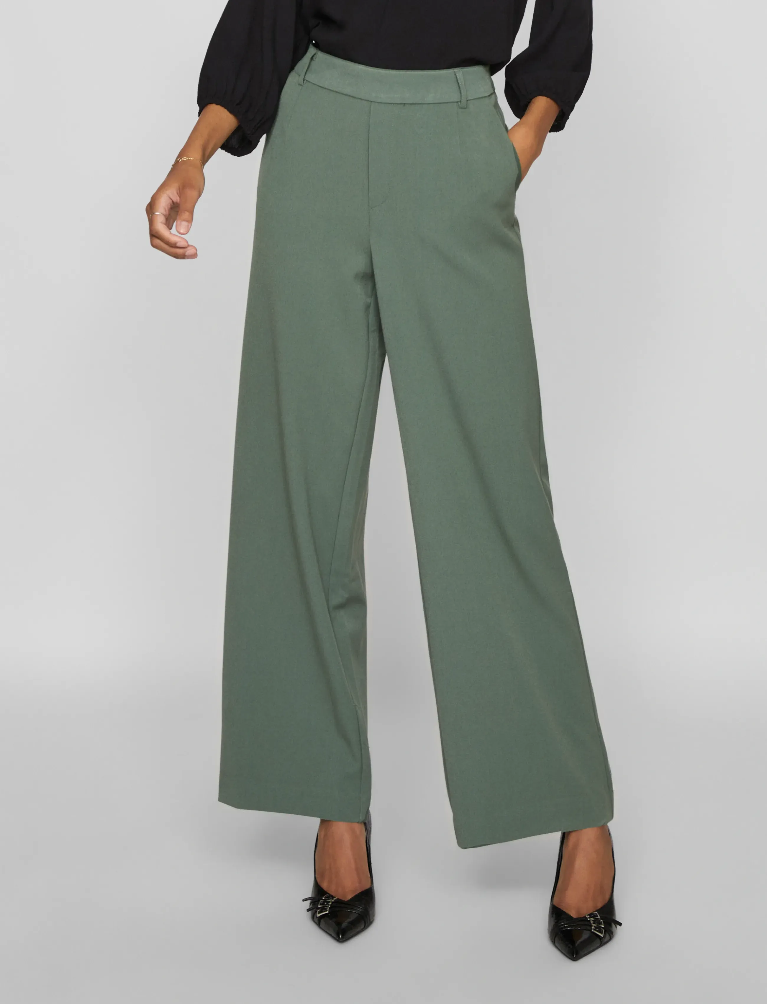 Vila Vivarone Hw Wide Pant Noos, Kvinder, Højtaljede Vide Bukser, Grøn, Str: 38