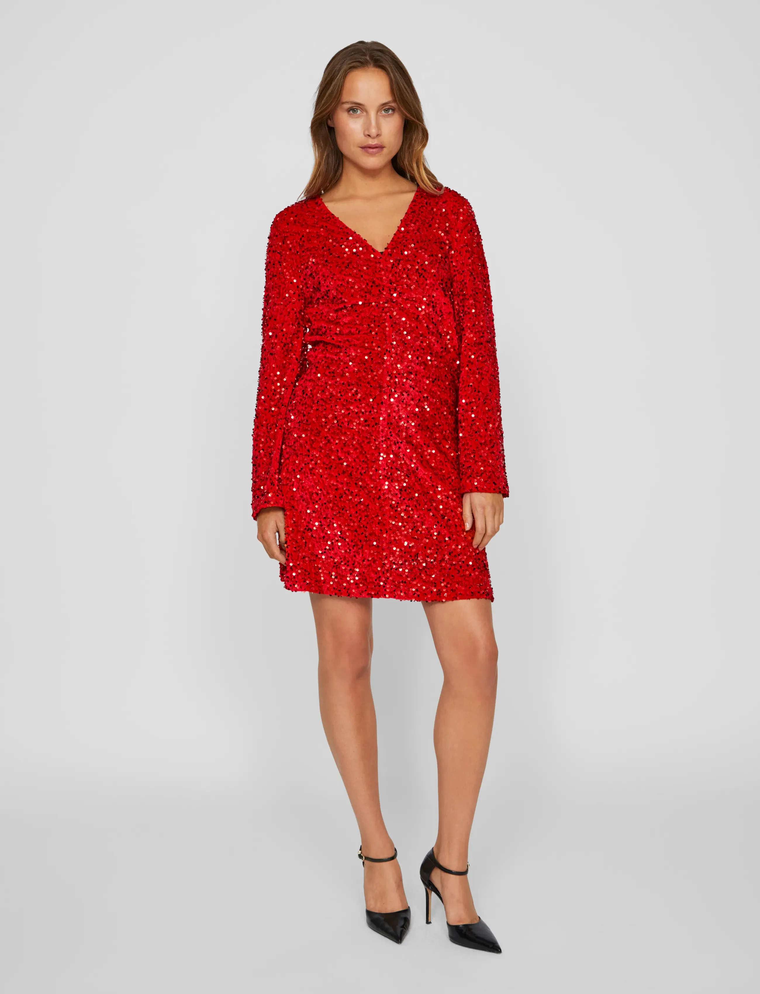 Vila - VIBARINA WIDE SLEEVE GLITTER DRESS - pailletkjoler - poppy red - 4