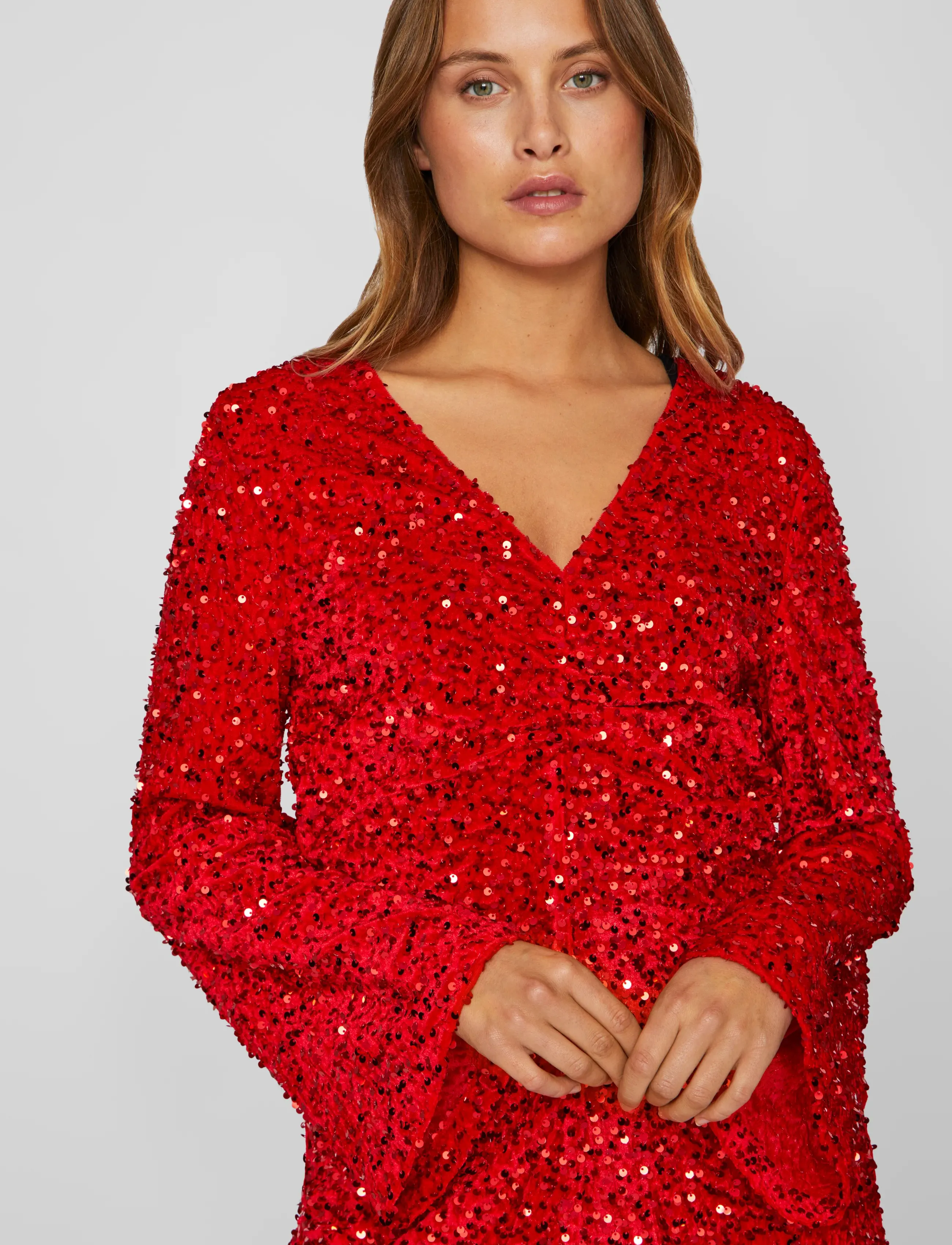 Vila - VIBARINA WIDE SLEEVE GLITTER DRESS - pailletkjoler - poppy red - 5