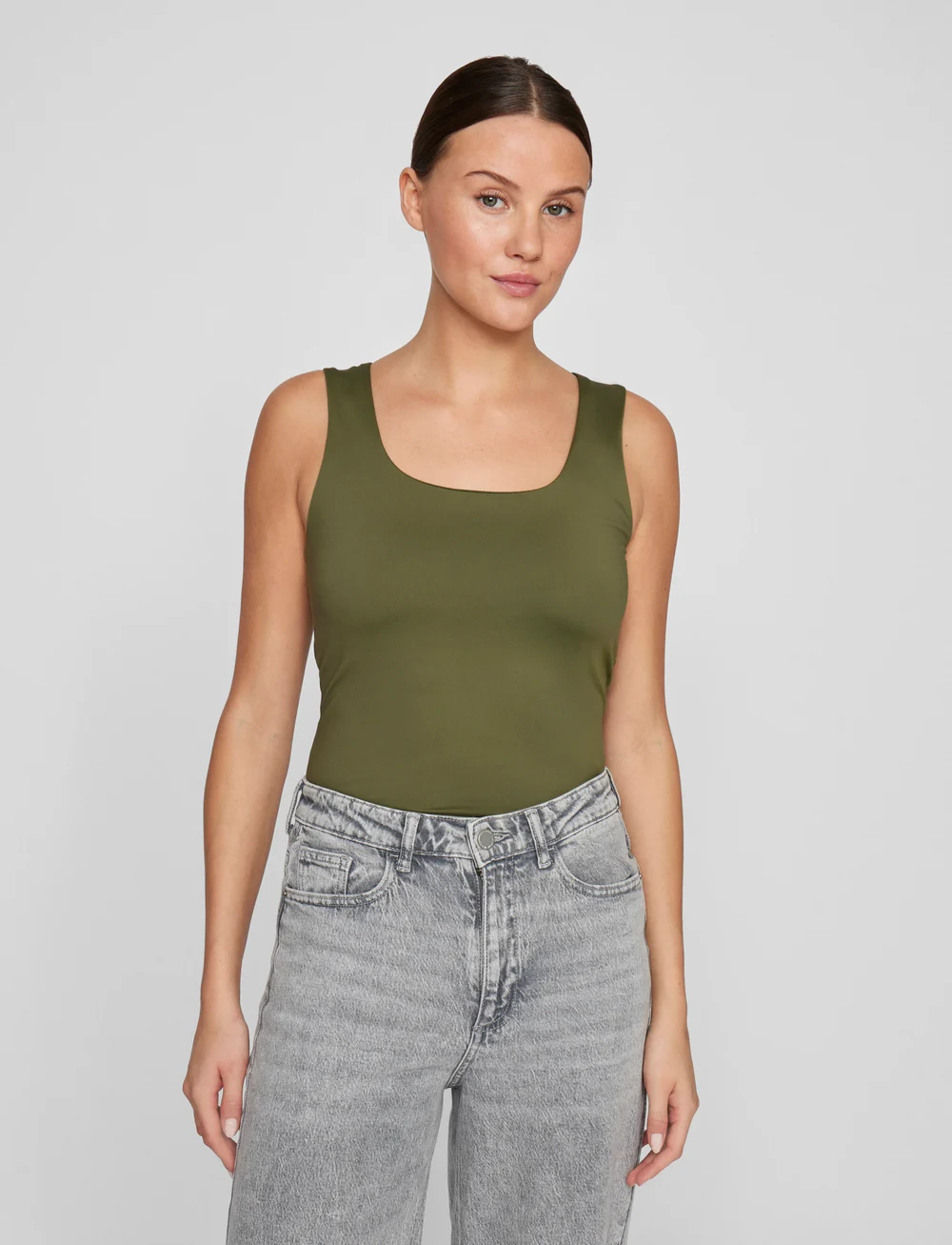 Vila - VIKENZA U-NECK S/L TANK TOP REV - NOOS - linnen - capulet olive - 0