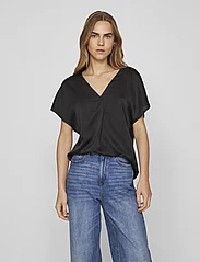 Vila - VIELLETTE V-NECK S/S SATIN TOP - NOOS - short-sleeved blouses - black - 2