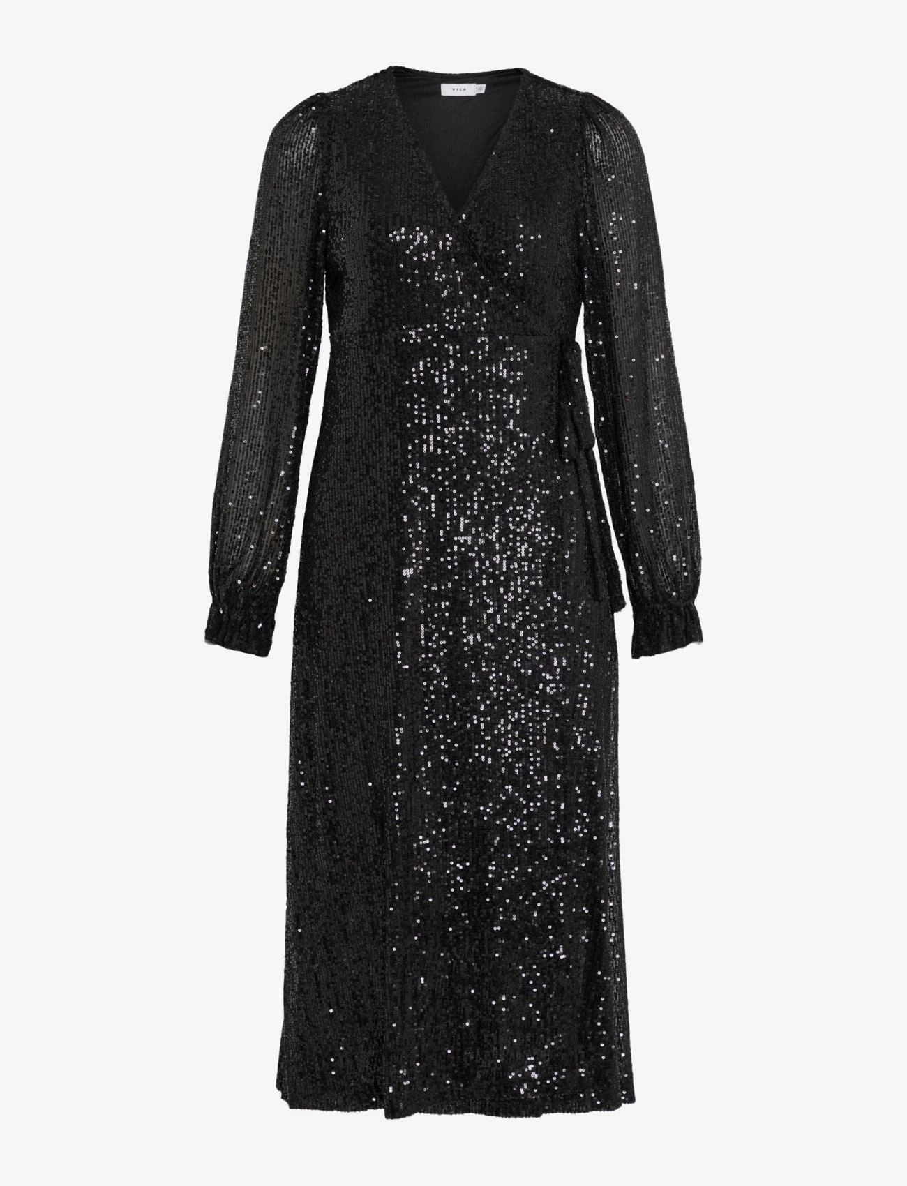 VILA Vimaia Ls Pailletten Midi Wrap Kleid/Dc Schwarz - 34 - Damen