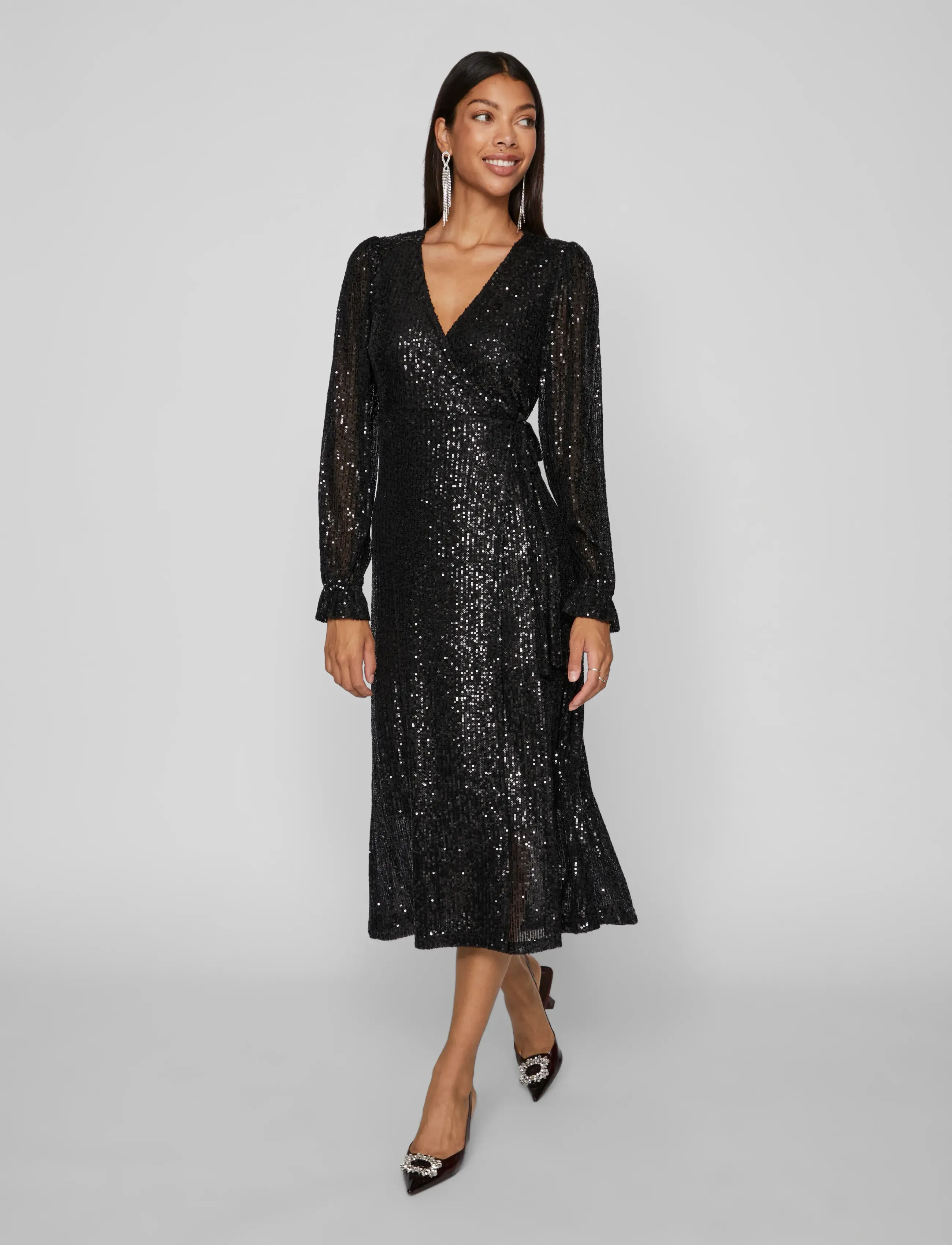 Vila VIMAIA LS SEQUIN MIDI WRAP DRESS/DC - Omlottklänning - BLACK / black