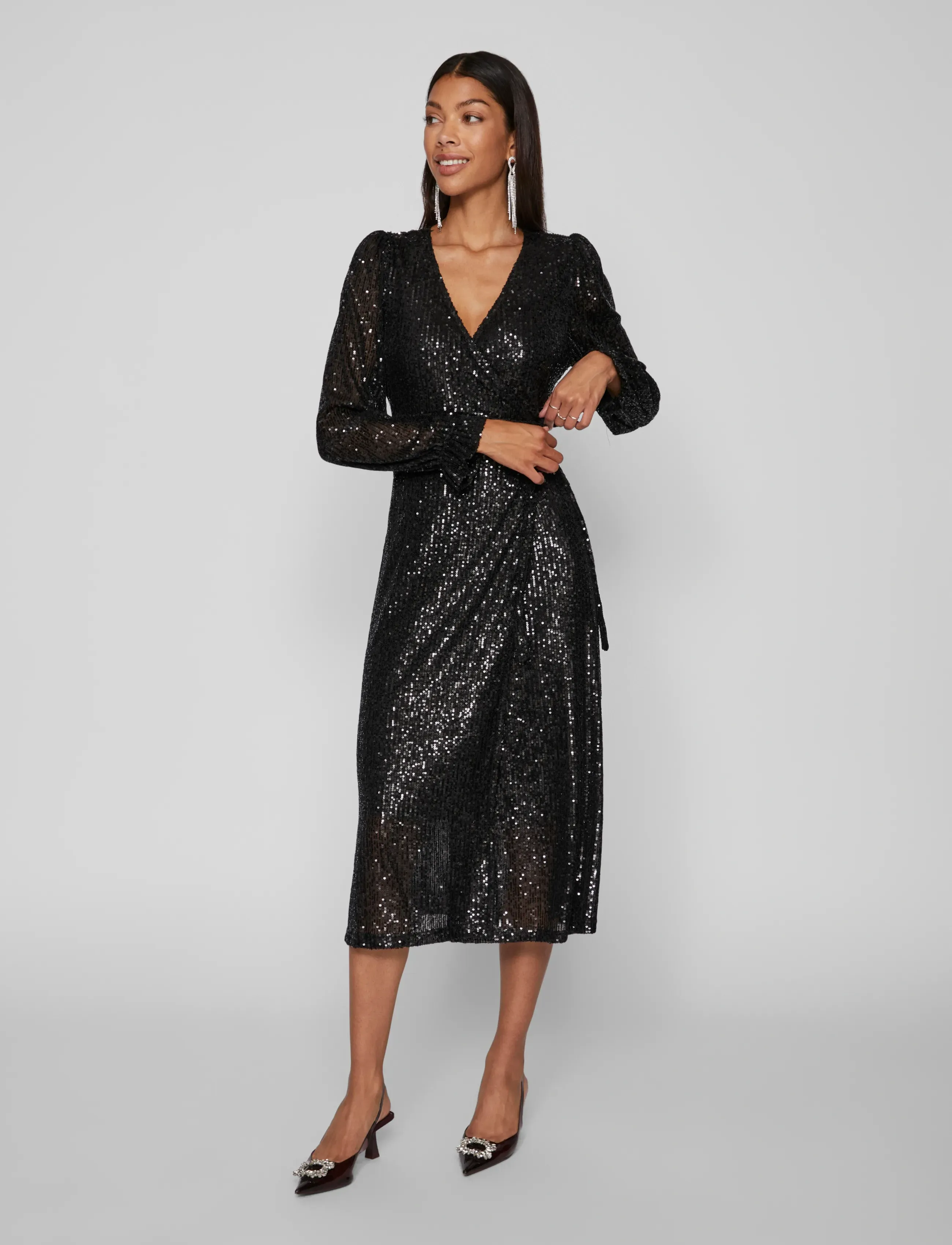 Vila - VIMAIA LS SEQUIN MIDI WRAP DRESS/DC - pailletkjoler - black - 4
