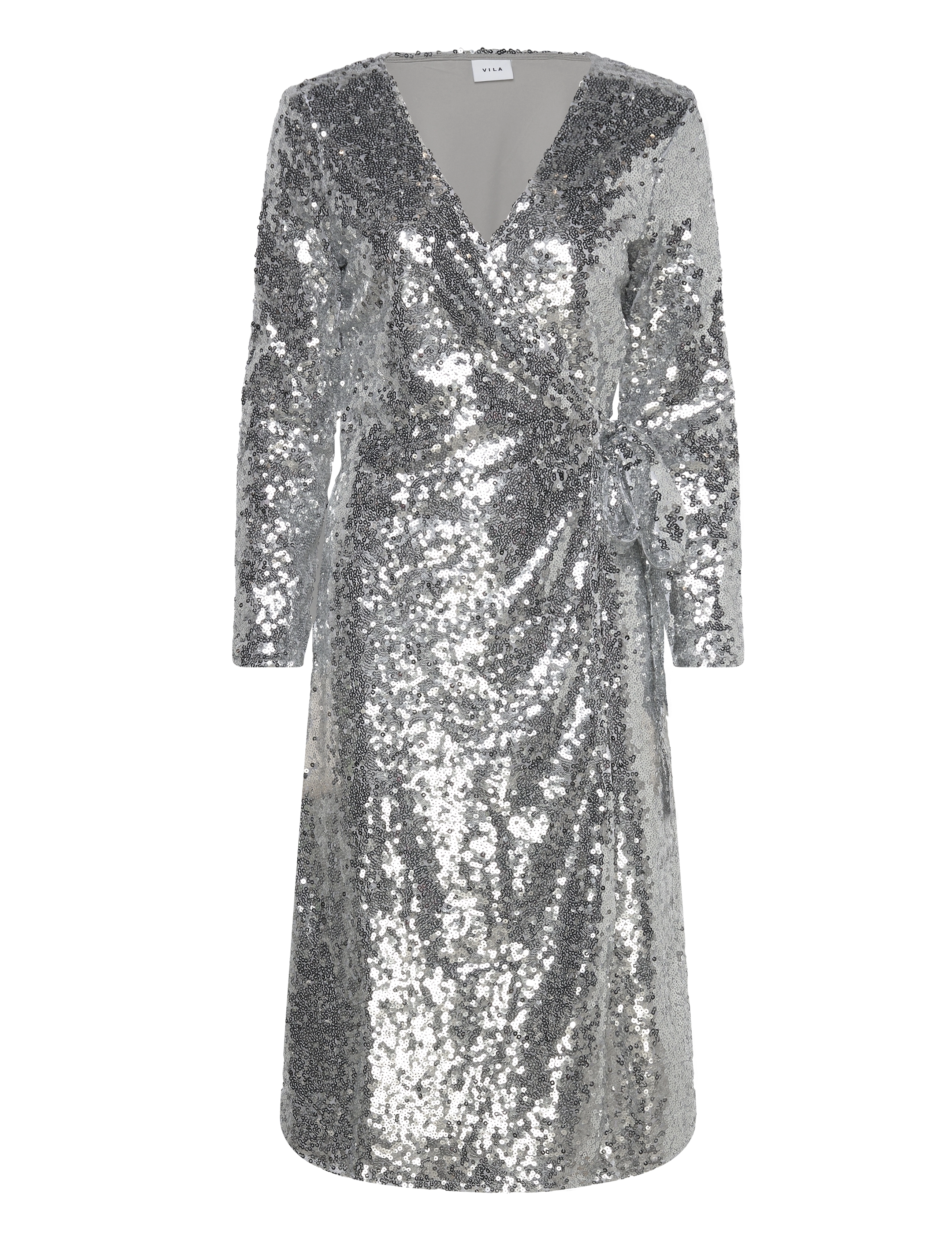 VILA Vijuliana L/S Wrap Midi Sequins Kleid/Ka Silber - XS - Damen