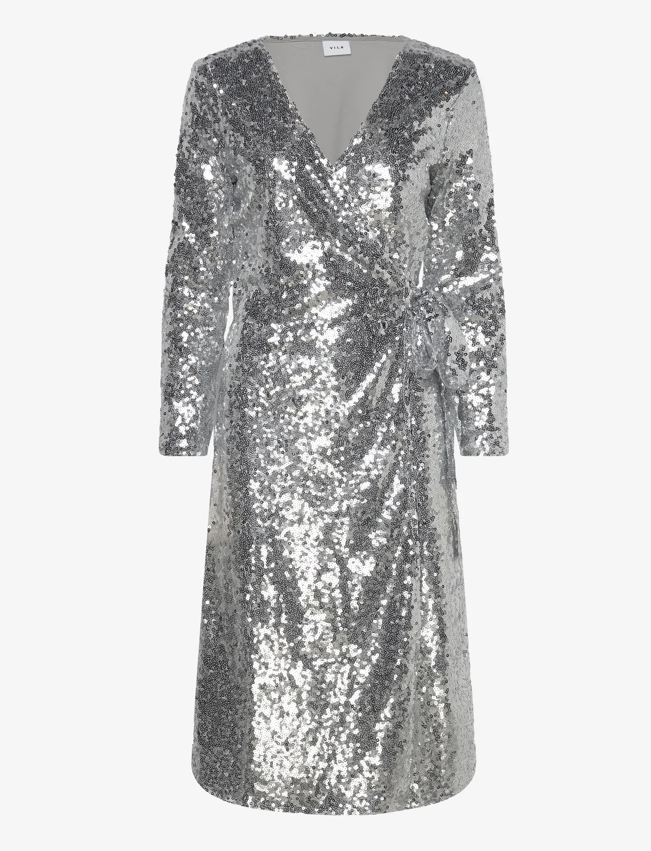 Vila - VIJULIANA L/S WRAP MIDI SEQUINS DRESS/KA - kleitas ar vizuļiem - silver colour - 0