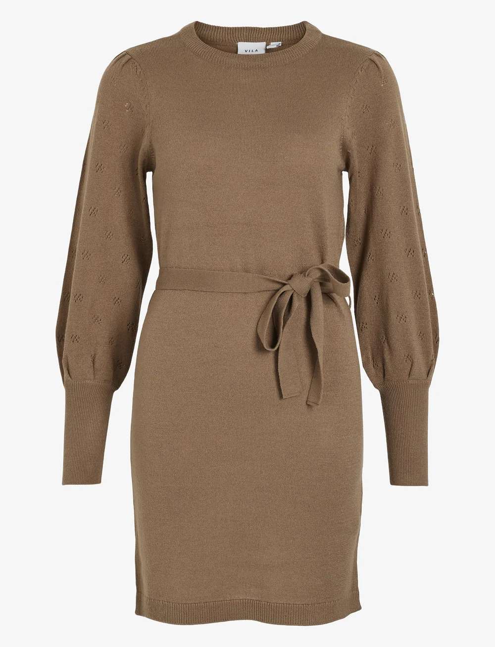 Vila - VIAVA L/S BELT SHORT KNIT DRESS - stickade klänningar - fossil - 0