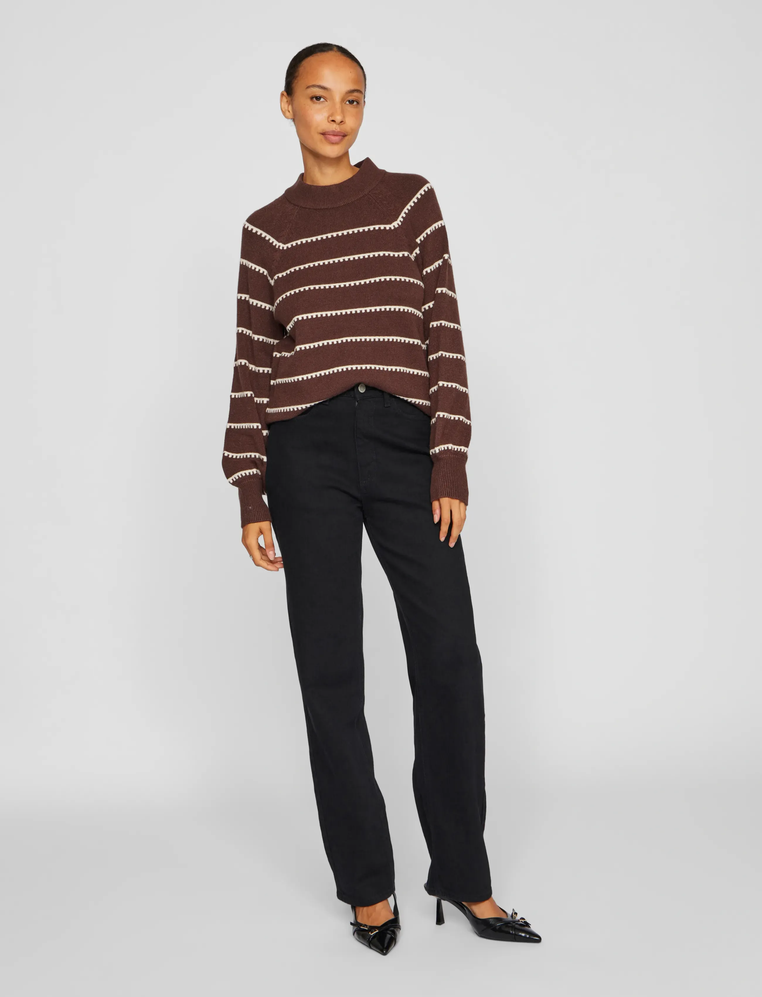 Vila - VIRIL CREW NECK L/S STRIPE KNIT TOP - laveste priser - coffee bean - 4
