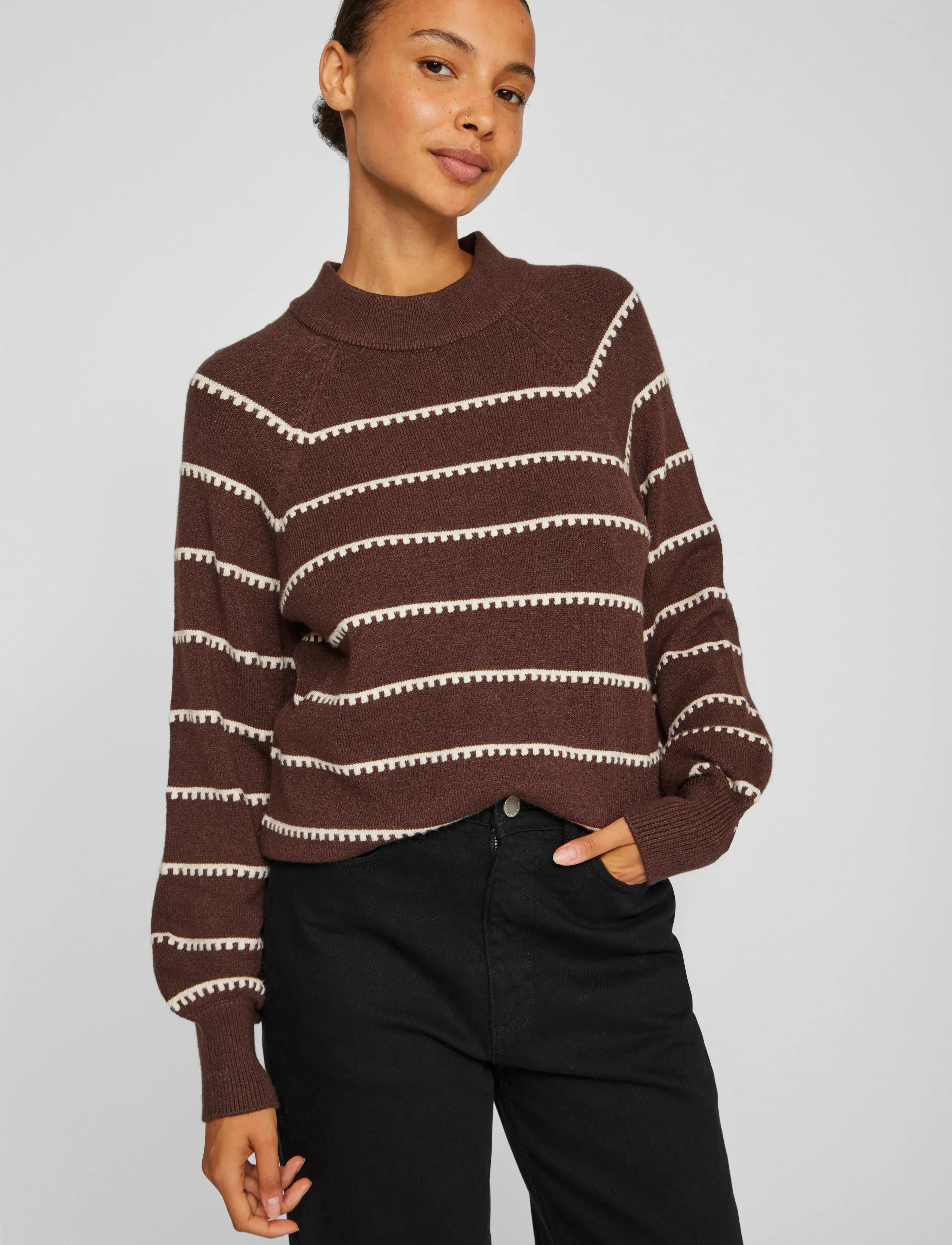 Vila - VIRIL CREW NECK L/S STRIPE KNIT TOP - laveste priser - coffee bean - 5