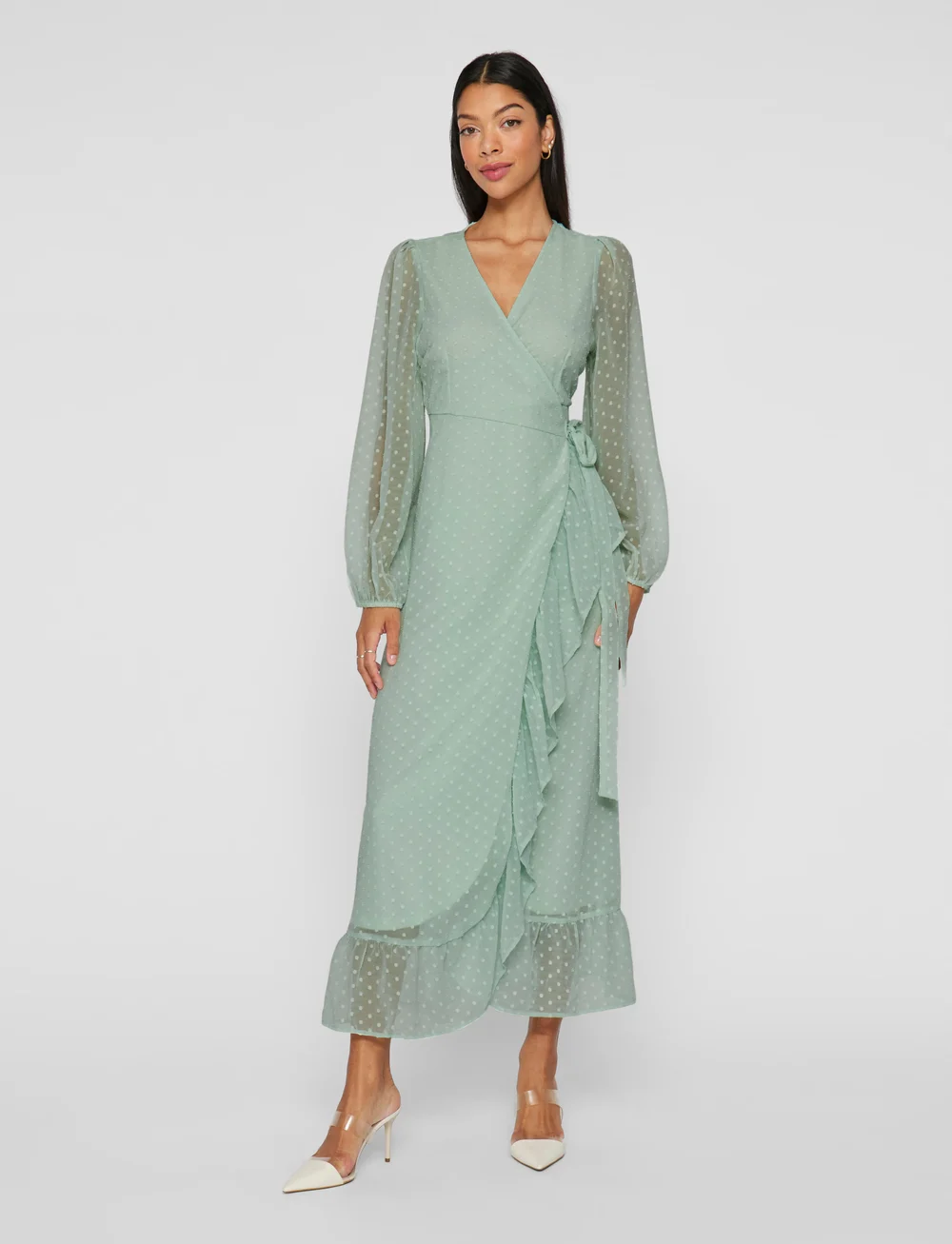 Vila - VIEDEE L/S ANKLE WRAP DRESS - wikkeljurken - silt green - 0