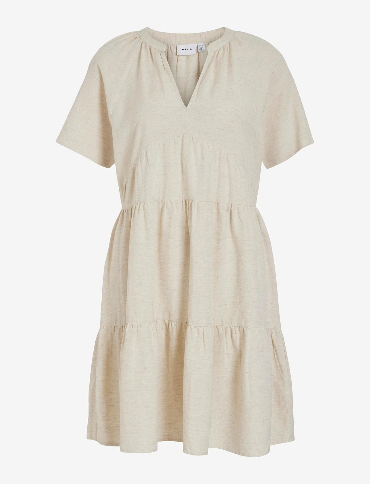 Vila - VIPRISILLA S/S V-NECK SHORT DRESS - short dresses - super light natural melan - 0