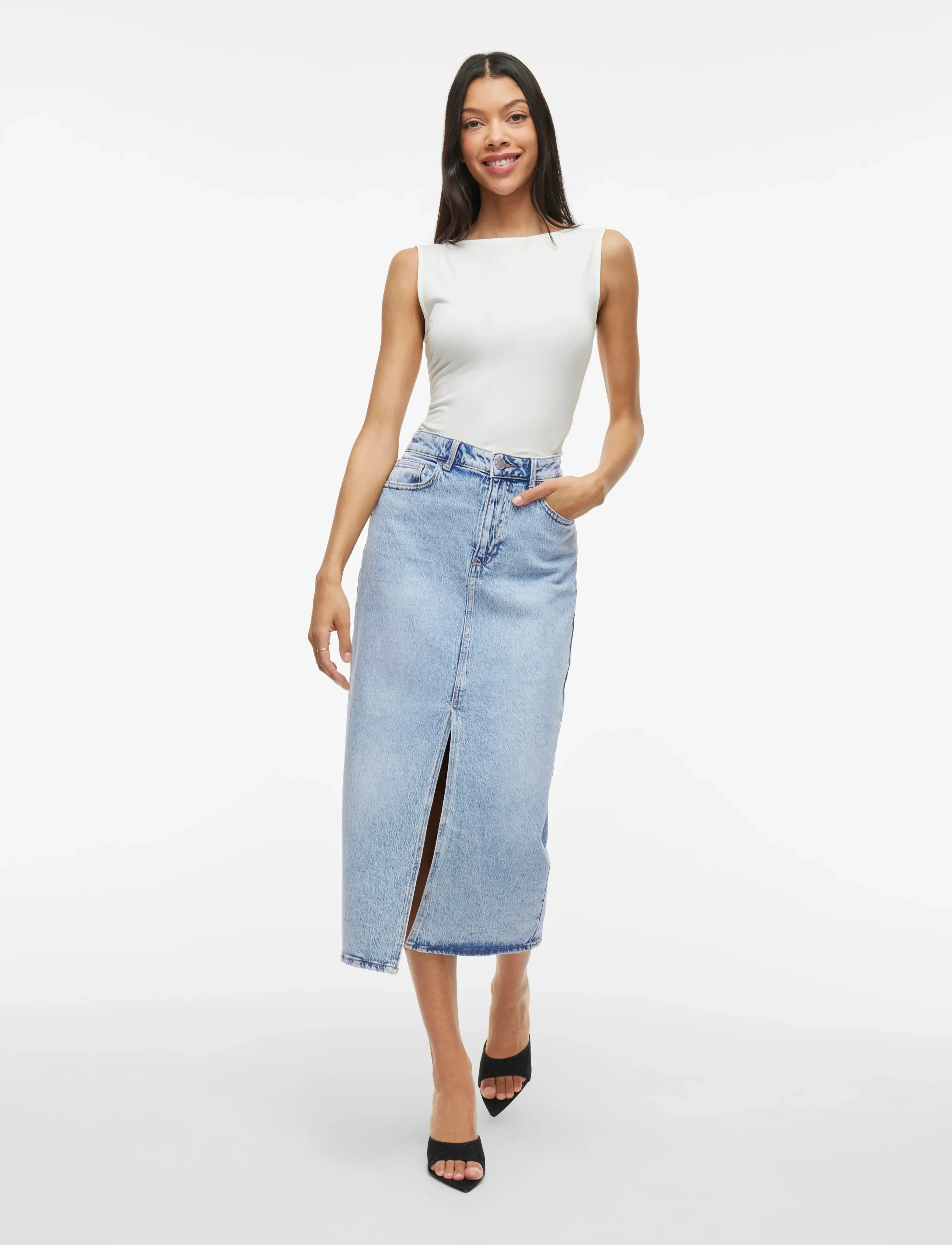 Vila high waisted denim front split midi skirt in black wash