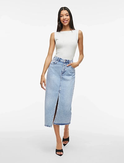Vila high waisted denim front split midi skirt in black wash Vila high waisted denim front split midi skirt in black wash