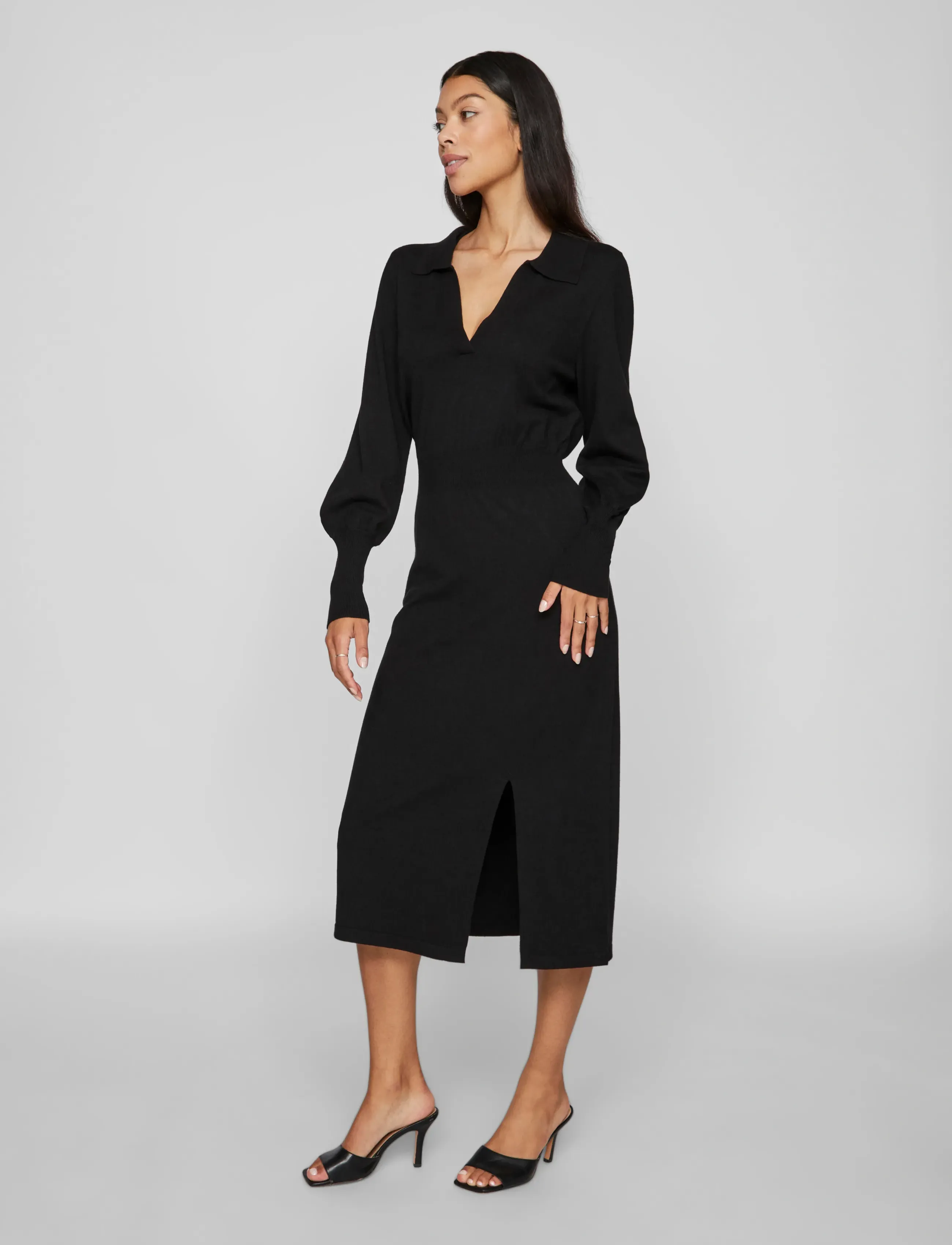 Vila - VICOMFY L/S COLLAR RIB KNIT DRESS - NOOS - stickade klänningar - black - 4