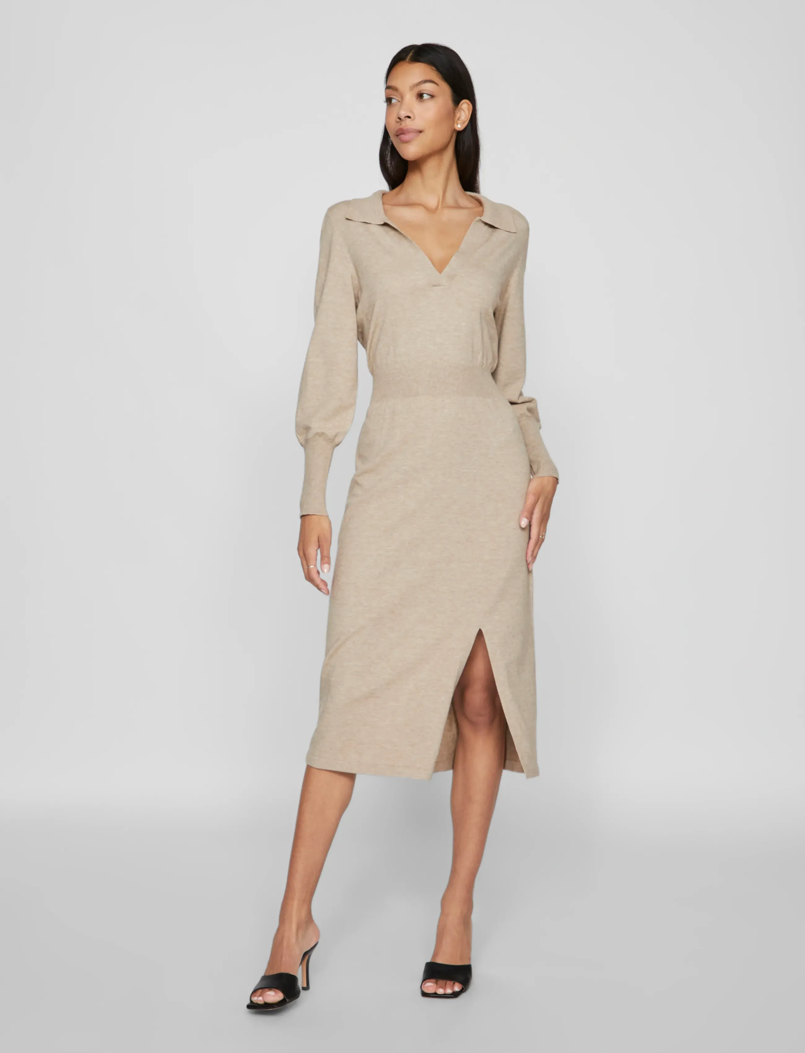 Vila VICOMFY L/S COLLAR RIB KNIT DRESS - NOOS - Klänningar - NATURAL MELANGE / beige