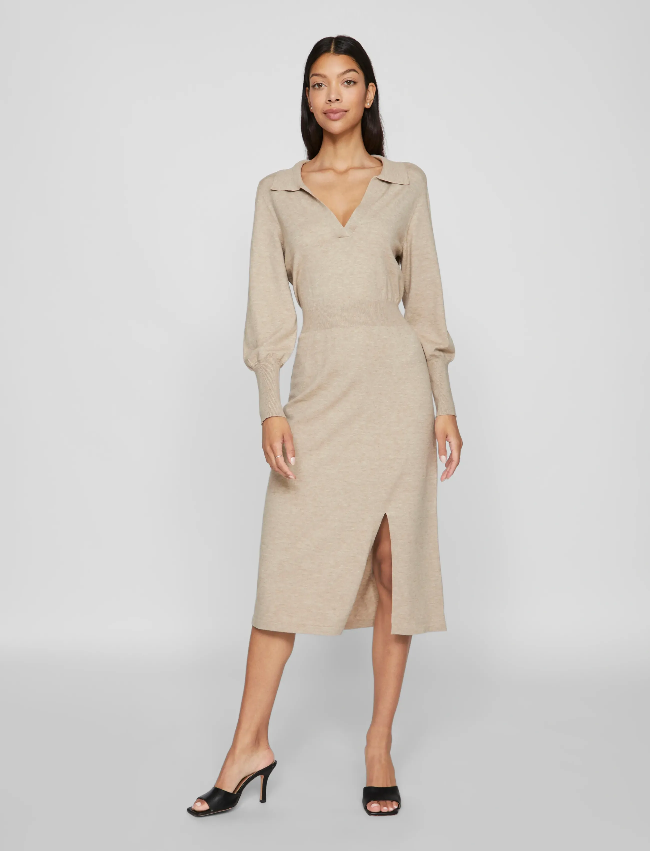 Vila - VICOMFY L/S COLLAR RIB KNIT DRESS - NOOS - stickade klänningar - natural melange - 4