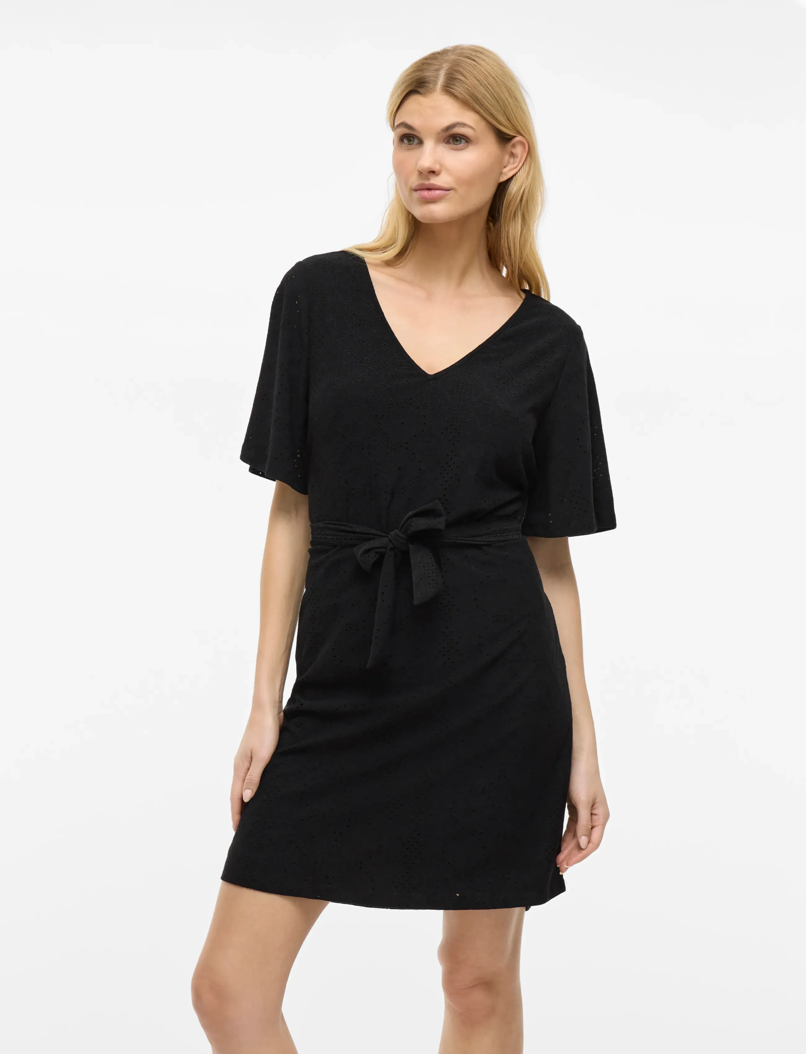 Vila Vikally V-Neck S/S Short Dress, Kvinder, Broderie Anglaise Kort Kjole, Sort, Str: S