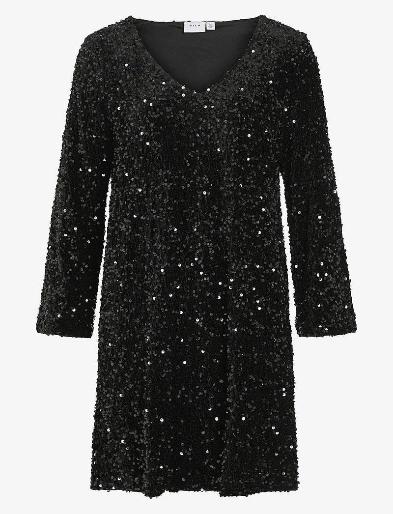 Vila - VIFAITH V-NECK L/S SEQUIN DRESS/VOL - litterkleidid - black beauty - 0