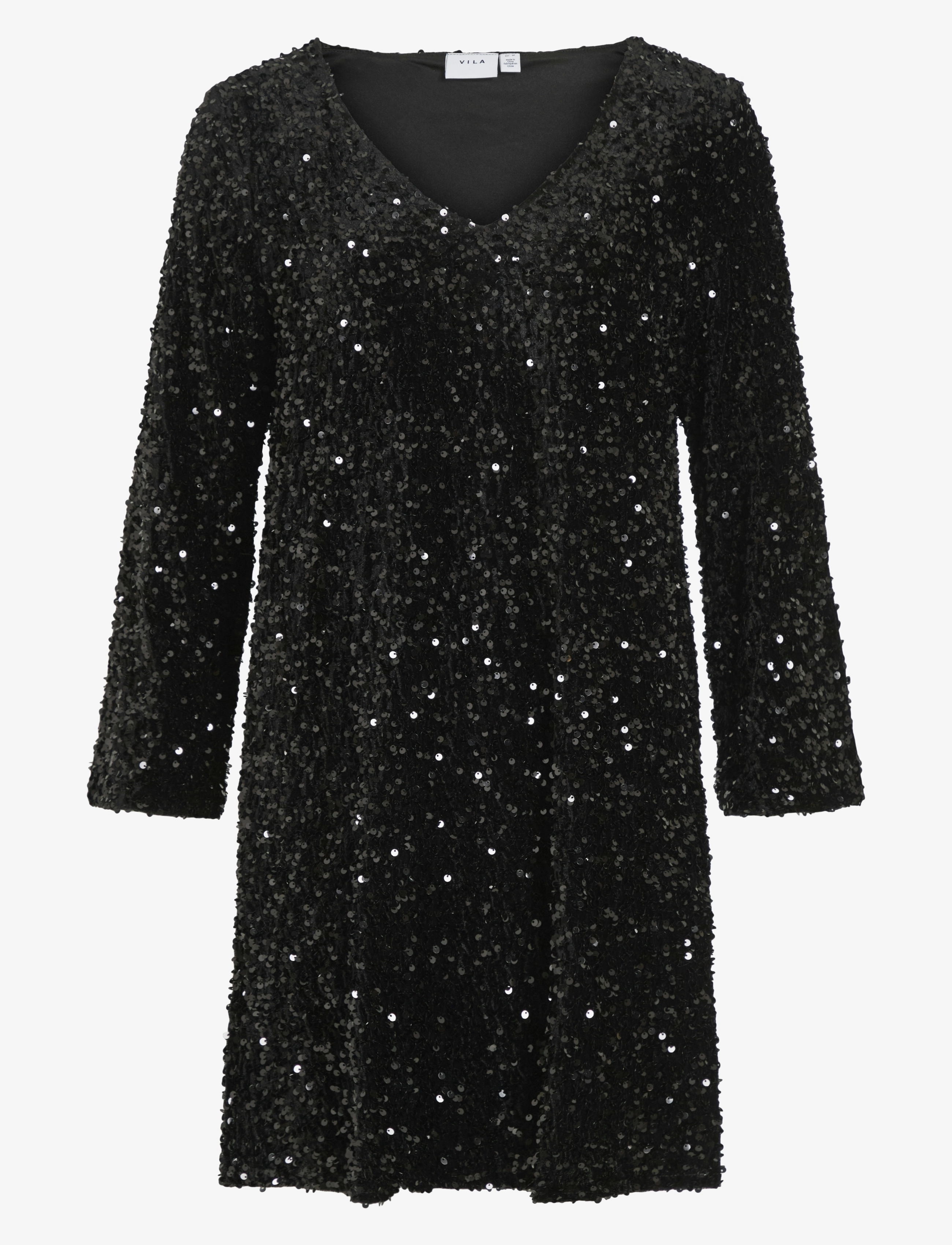 Vila VIFAITH V-NECK L/S SEQUIN DRESS/VOL - Klänningar - BLACK BEAUTY / black