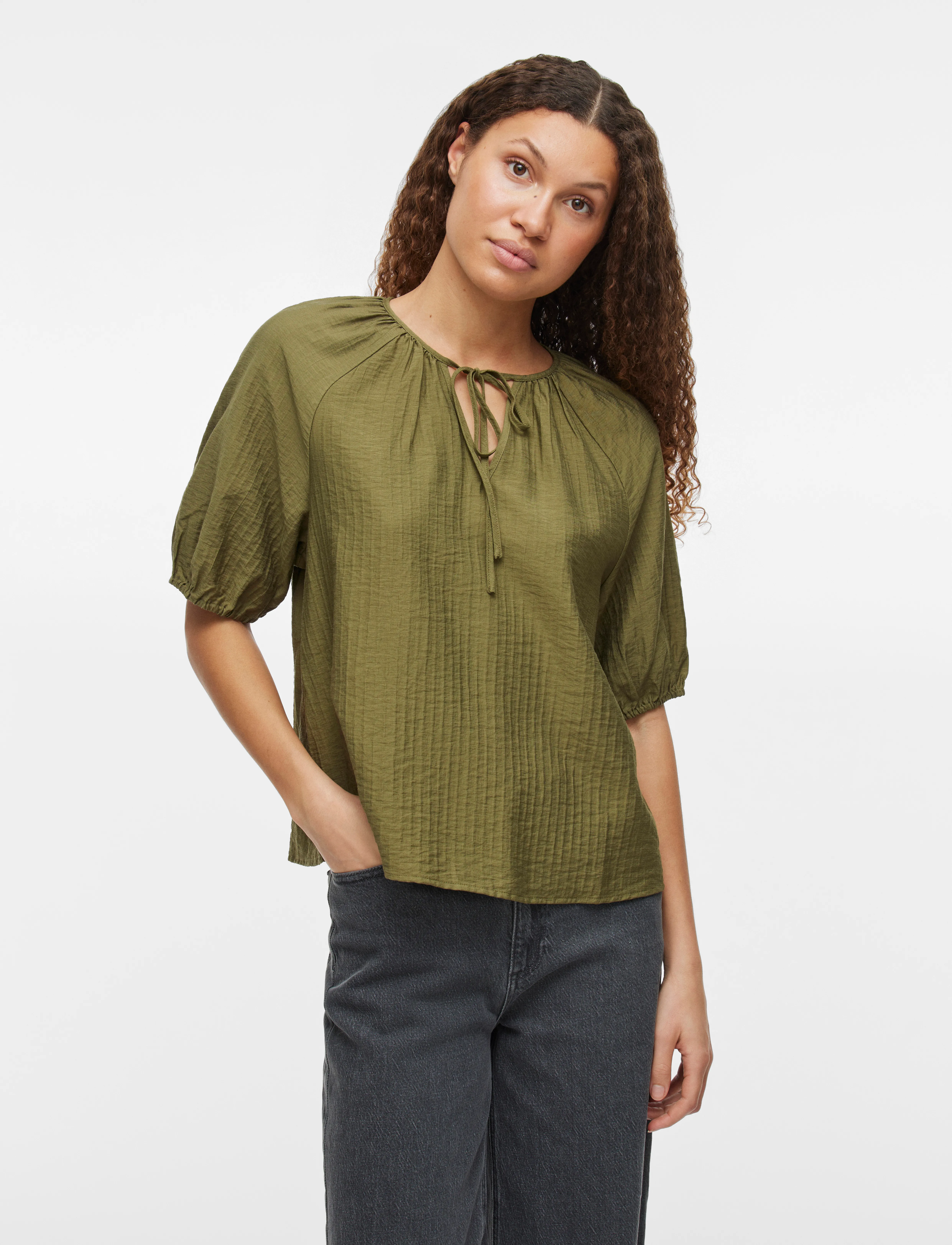 Vila Viclo 2/4 V-Neck Top Noos, 38, Blouses, Khakigrün - Short-sleeved, Frauen