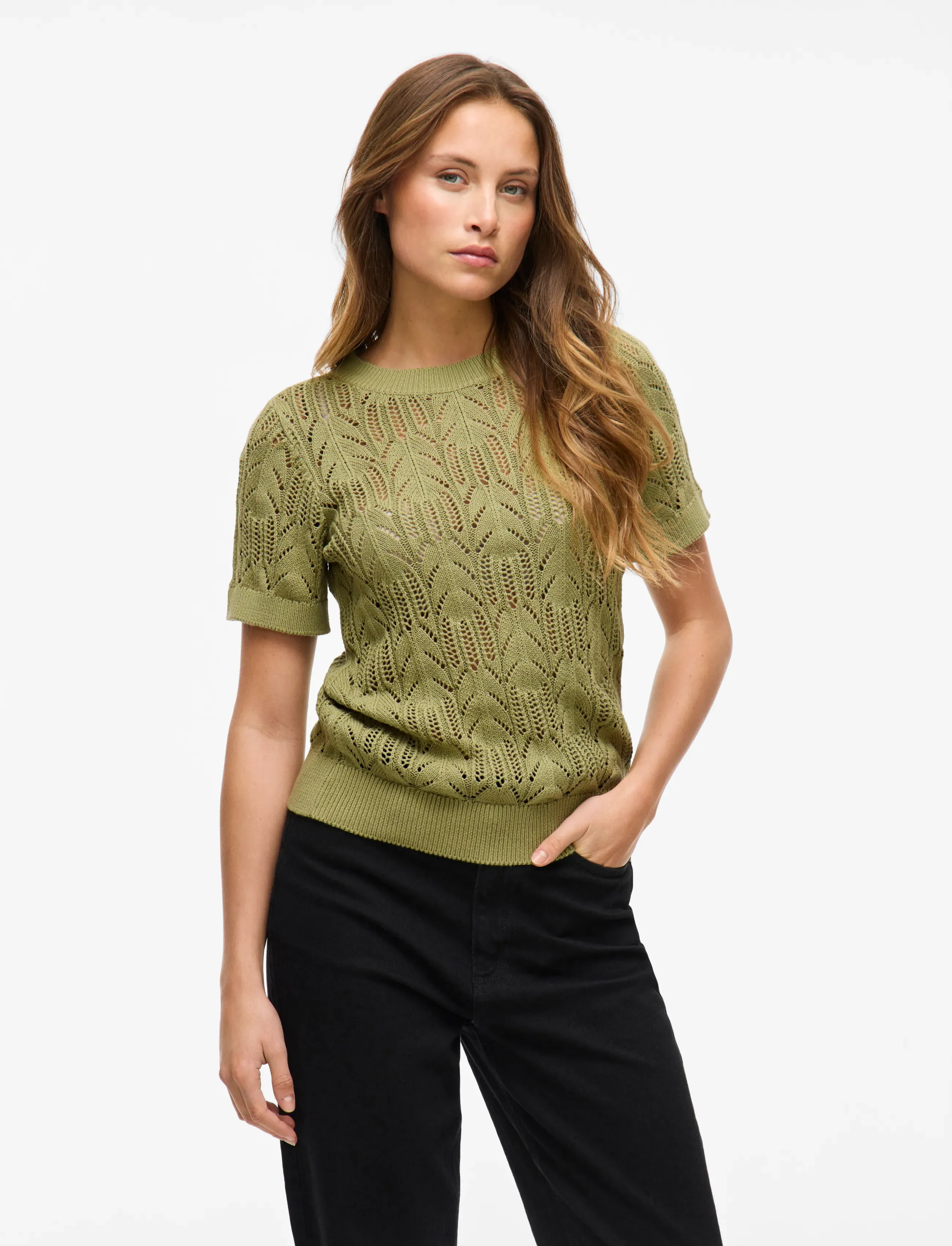 Vila Vicotti S/S O-Neck Knit Top - Noos, XS, Khaki green, Strik > Trøjer, Dame