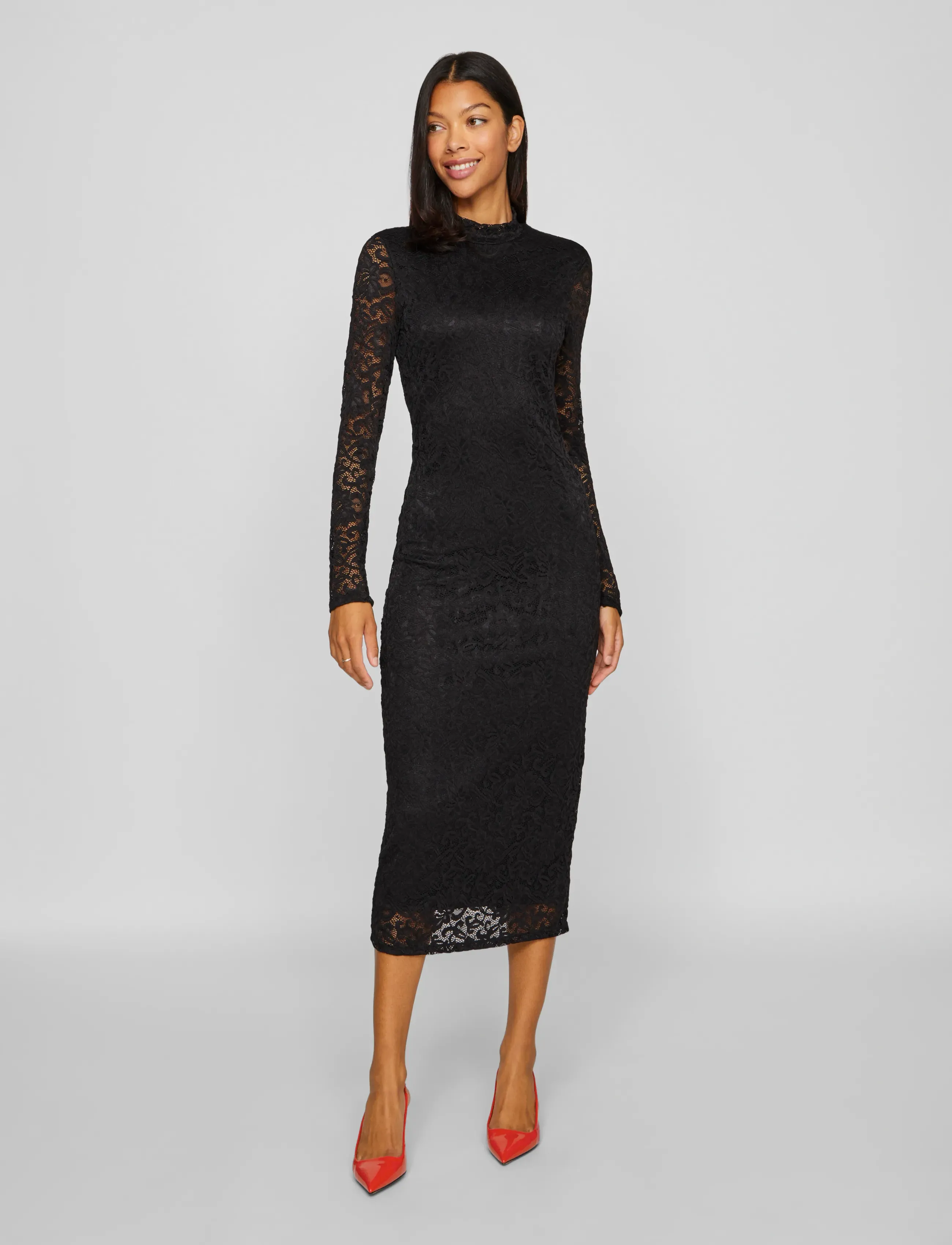 Vila VIDIDA L/S HIGH NECK MIDI LACE DRESS/KA - Pitsimekot - BLACK / black