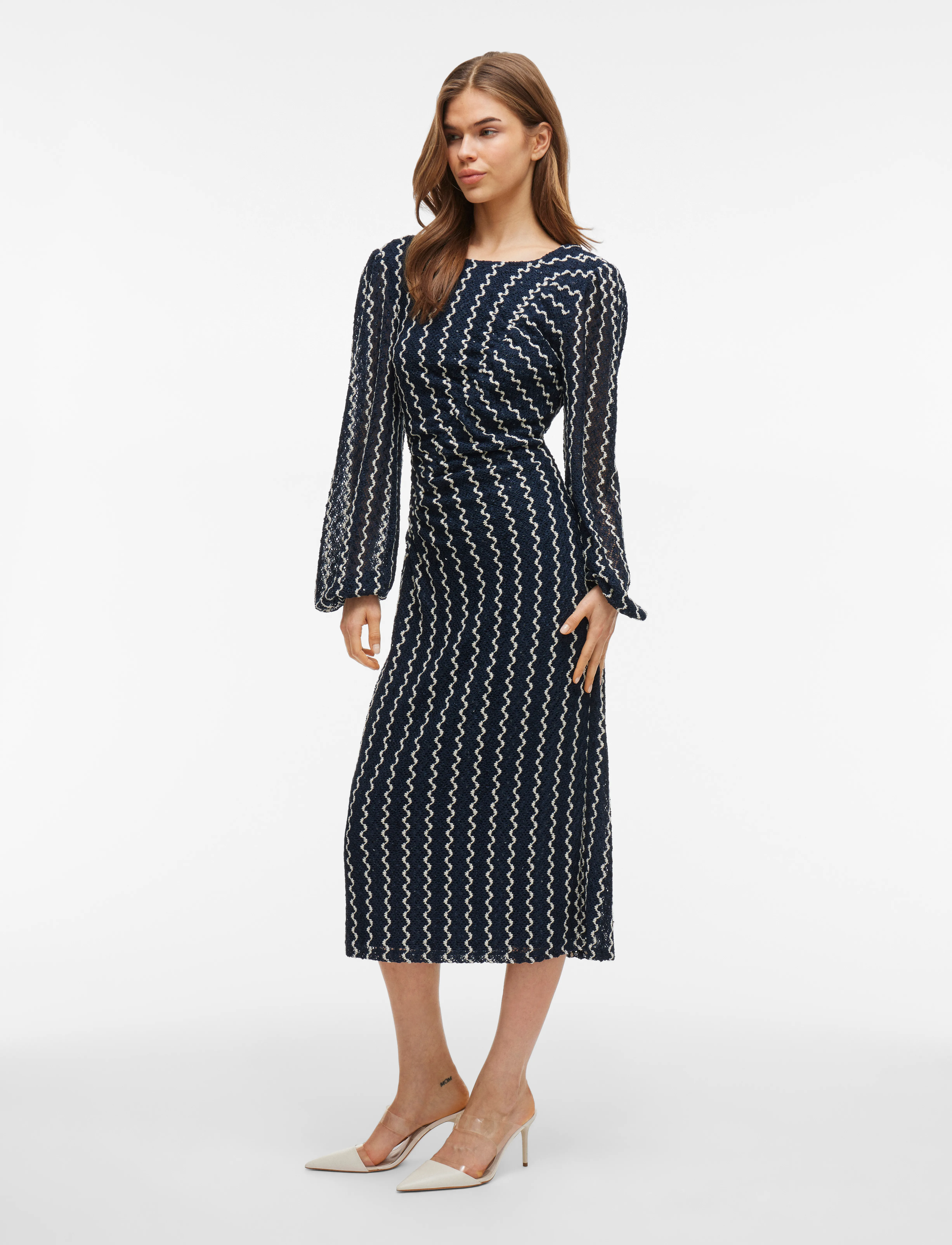 Vila Viellen O-Neck L/S Midi Dress/Dc, XS, Dresses, Marineblau - Knee-length & Midi, Frauen