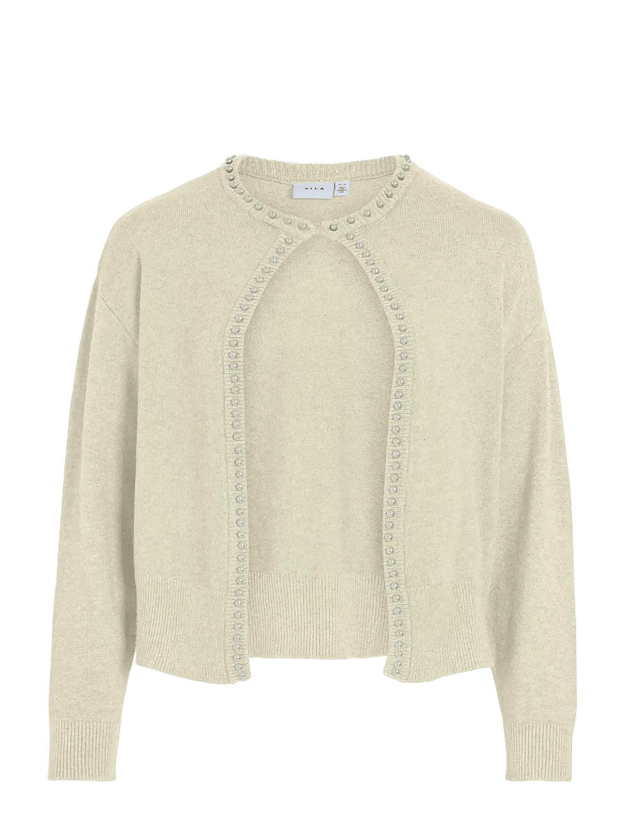 Vila - VIZAFINA L/S O-NECK PEARL KNIT CARDIGAN - strickjacken - super light natural melan - 0