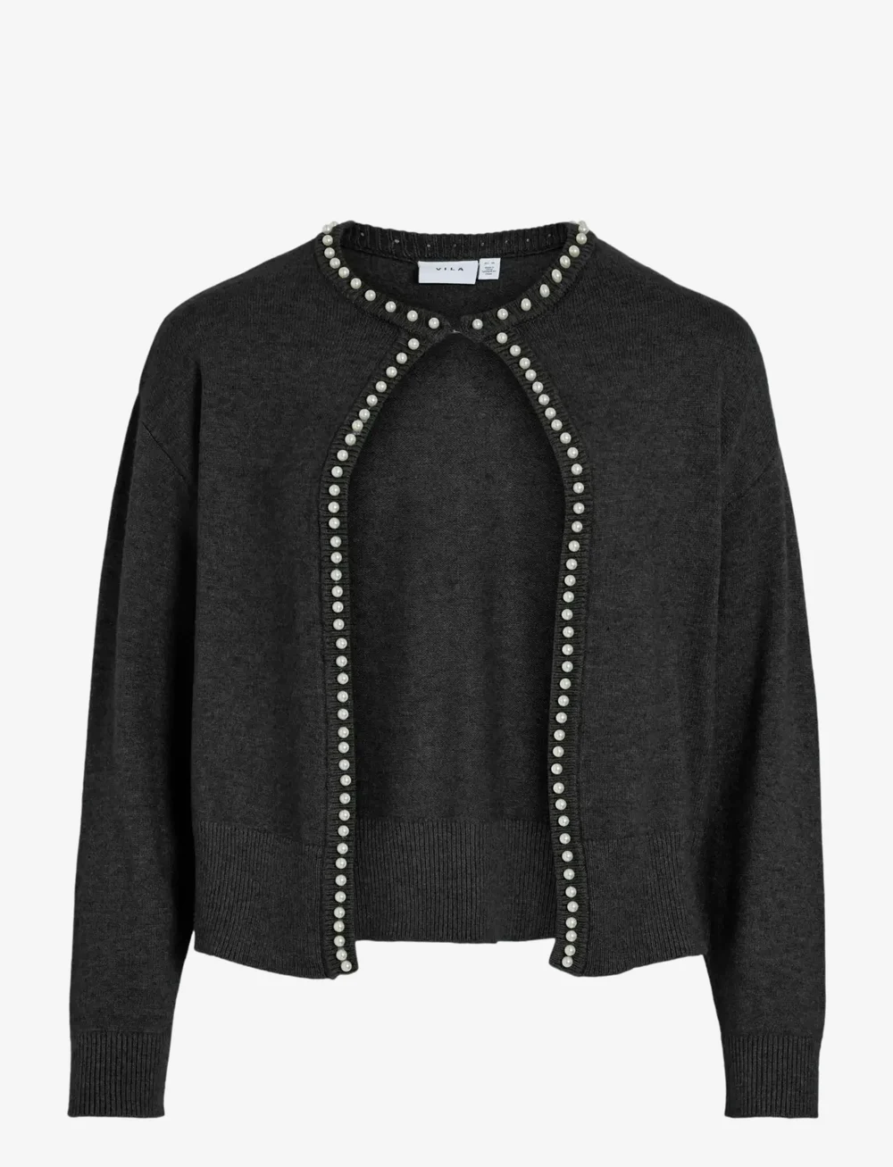 Vila - VIZAFINA L/S O-NECK PEARL KNIT CARDI/1 - kardiganid - black beauty - 0