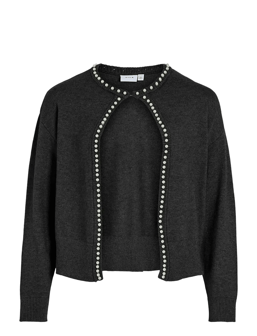 Vila - VIZAFINA L/S O-NECK PEARL KNIT CARDIGAN - gilets - black beauty - 0