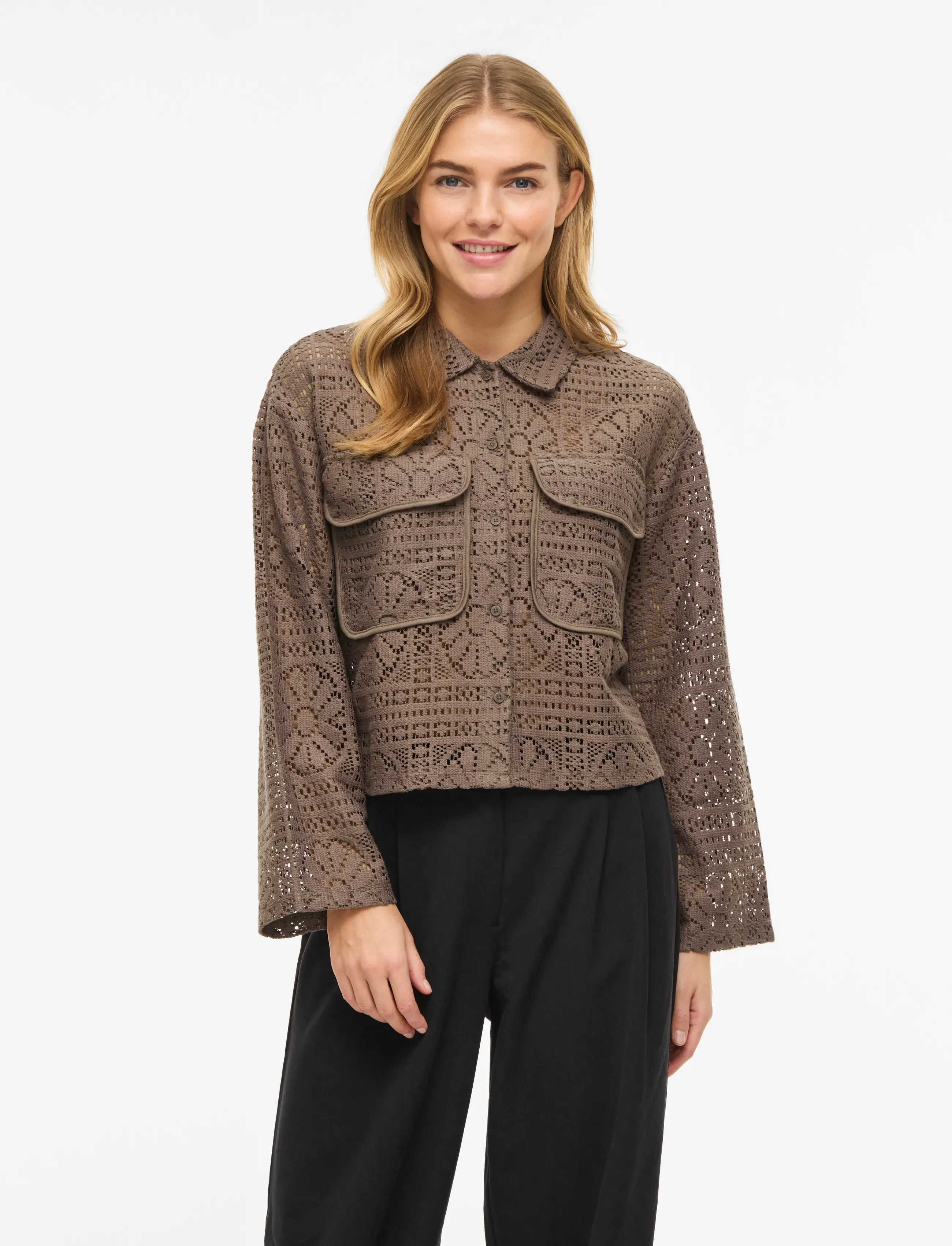Vila VIMERINDA CROCHET L/S SHIRT - NOOS - Long-sleeved shirts - FALCON / brown