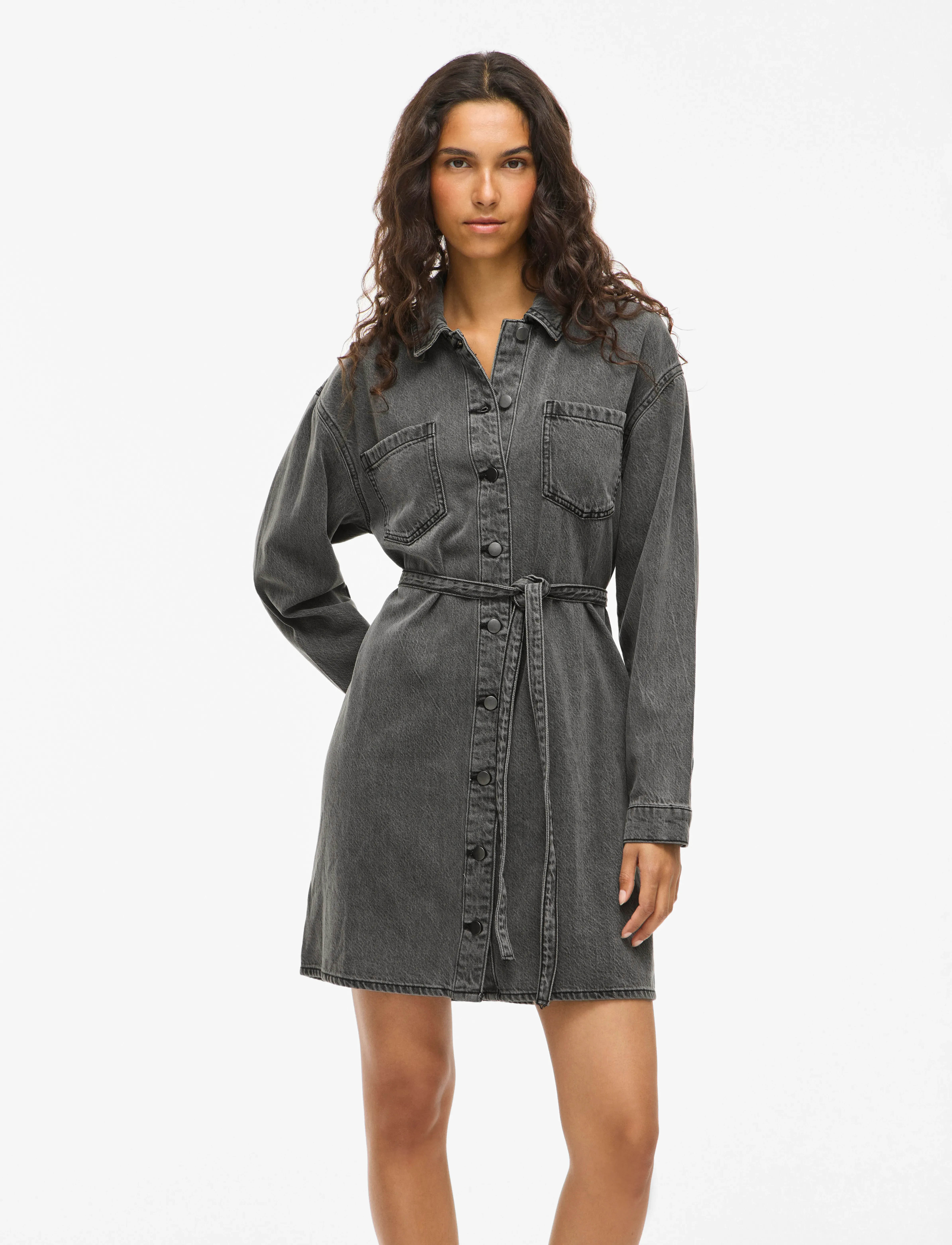 Vila Vikiki L/S Denim Shirt Dress Dgd, 42, Grey, Kjoler > Kort Kjole, Dame