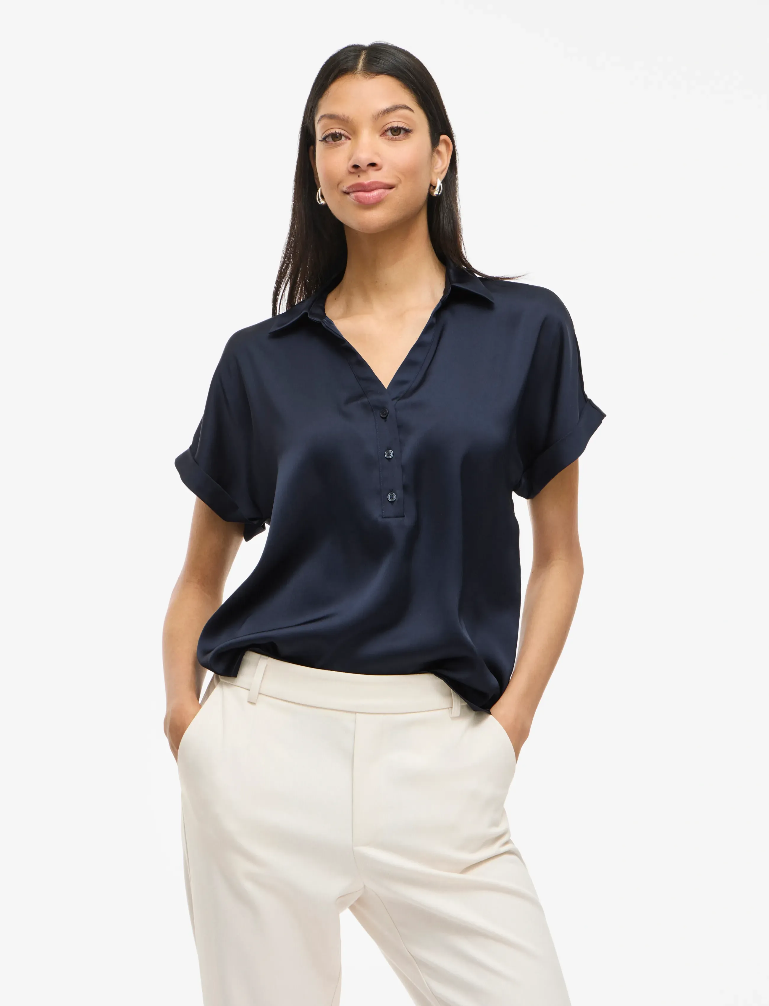Vila Vienna Ravenna S/S Top - Noos, 34, Navy, Skjorter > Kortærmede, Dame
