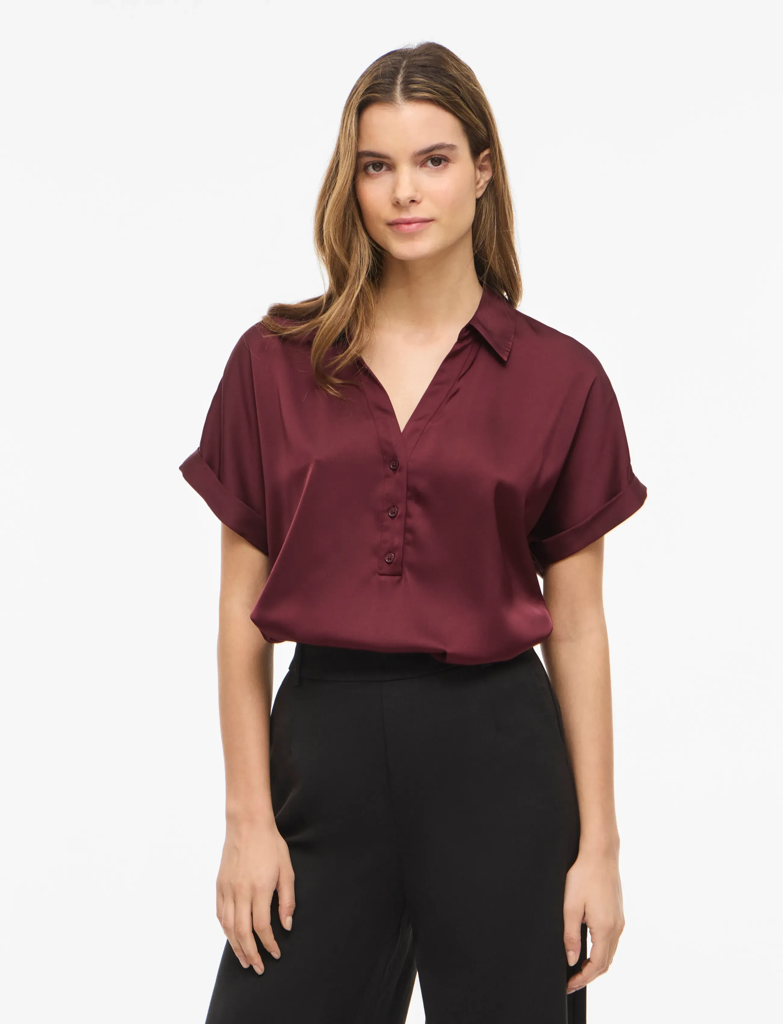 Vila Vienna Ravenna S/S Top - Noos, 42, Burgundy, Skjorter > Kortærmede, Dame