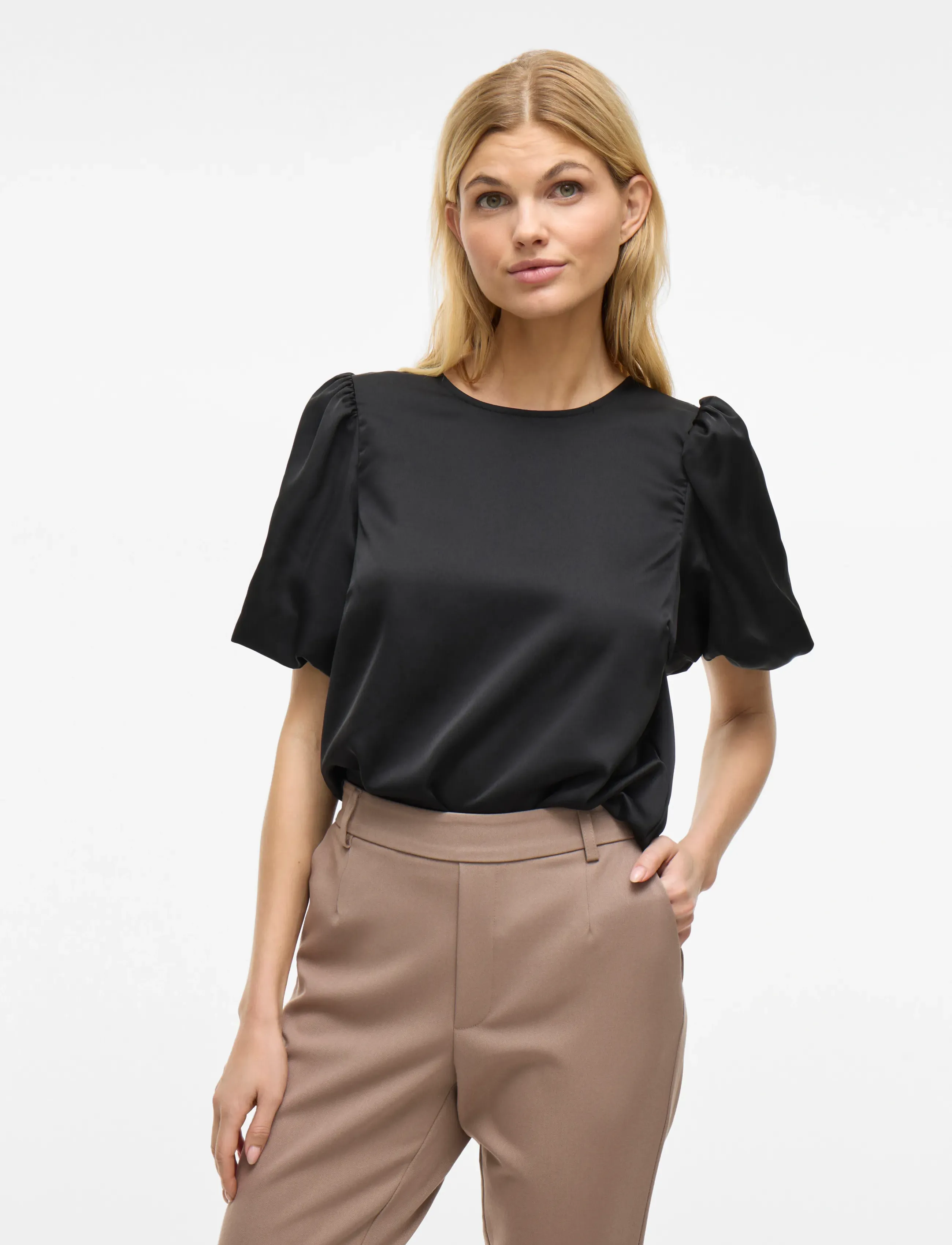 Vila Viellette 2/4 Satin Puff Top Noos, Kvinder, Puffærmet Top, Sort, Str: 44