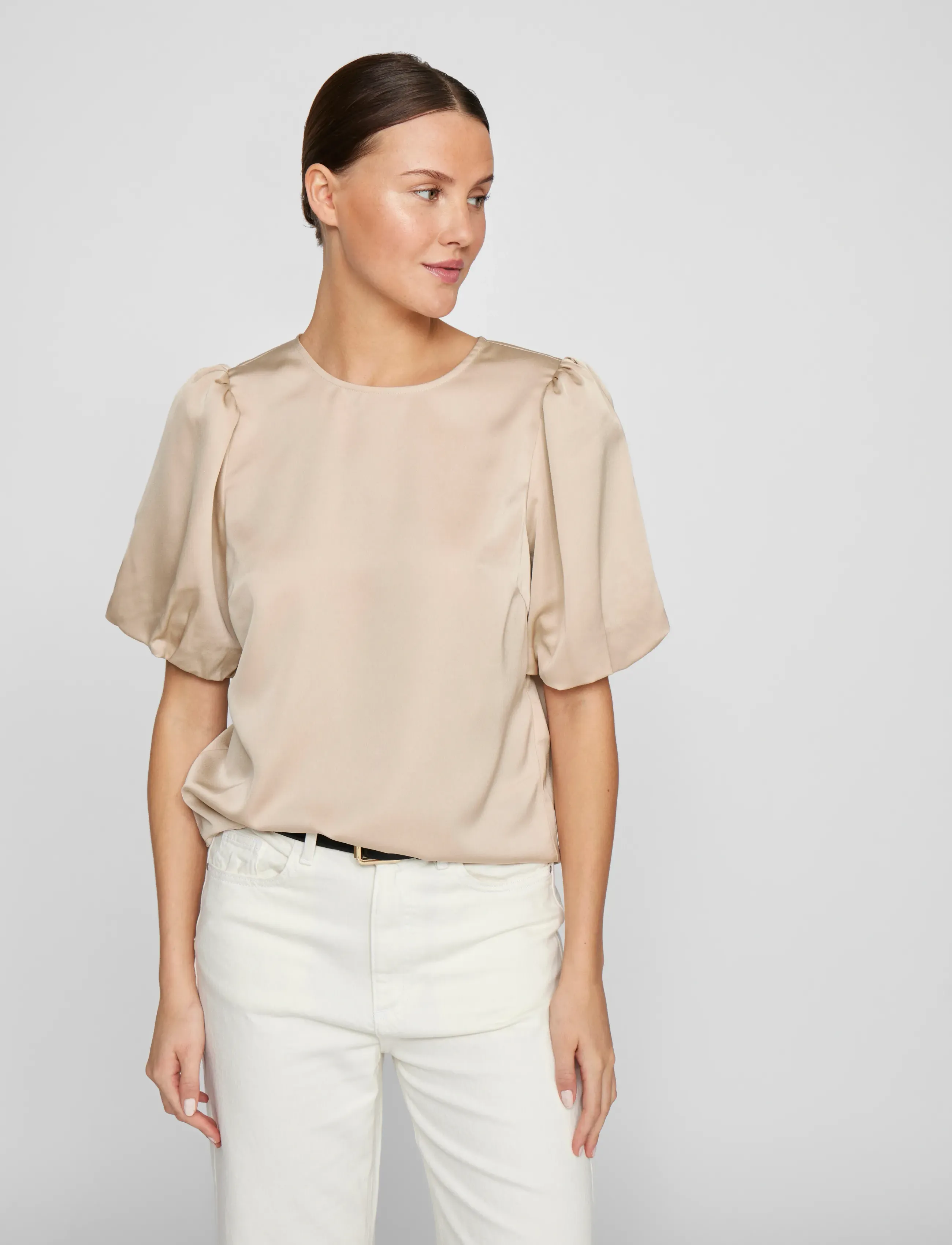 Vila Viellette 2/4 Satin Puff Top - Noos, 36, Beige, Skjorter > Kortærmede, Dame