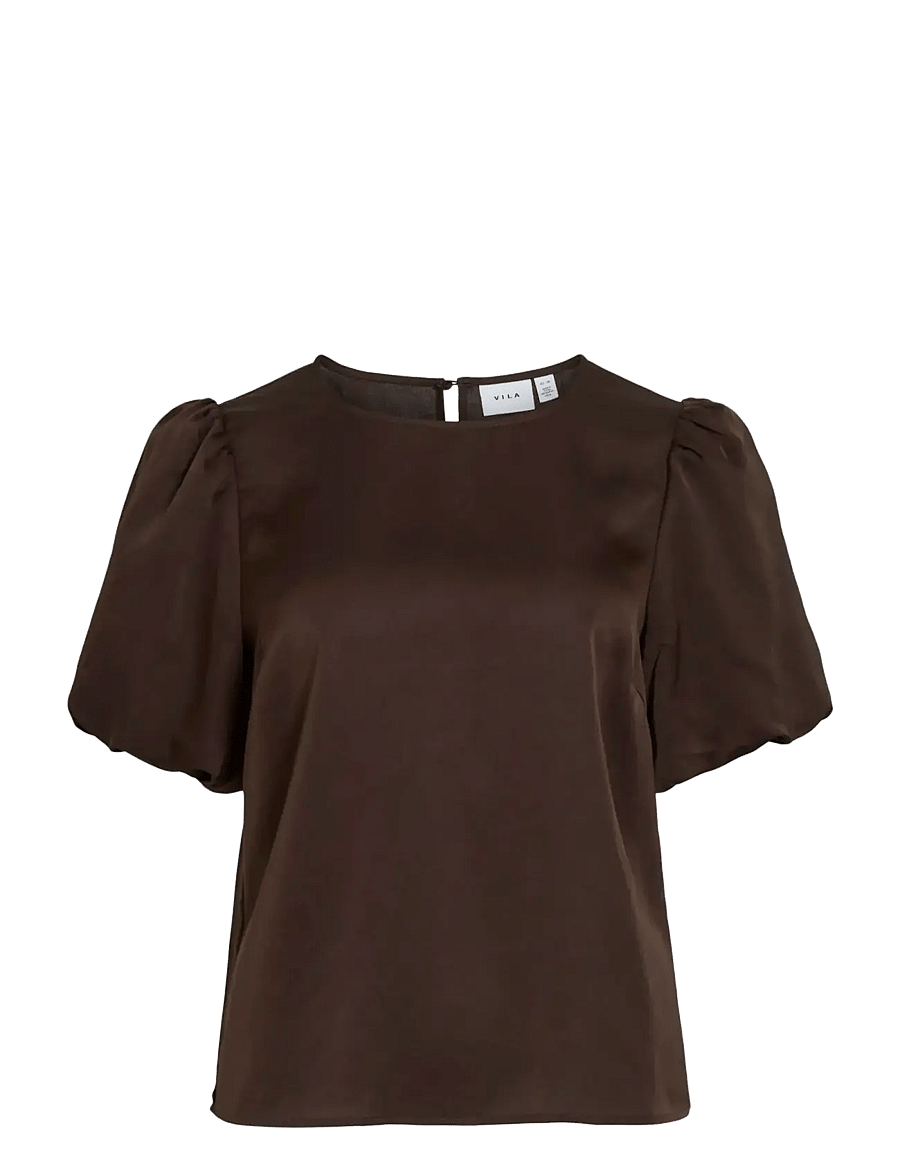 Vila - VIELLETTE 2/4 SATIN PUFF TOP - NOOS - kortärmade blusar - coffee bean - 1