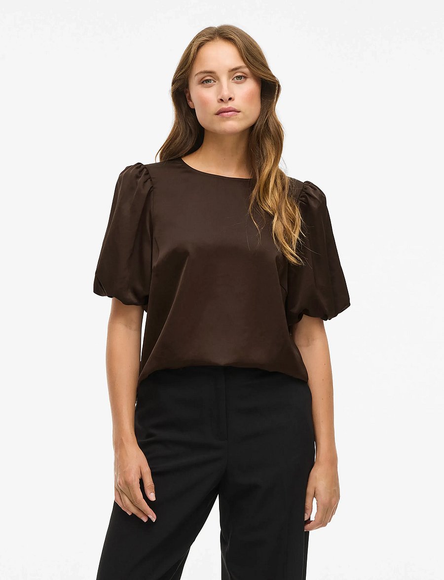 Vila - VIELLETTE 2/4 SATIN PUFF TOP - NOOS - kortärmade blusar - coffee bean - 0