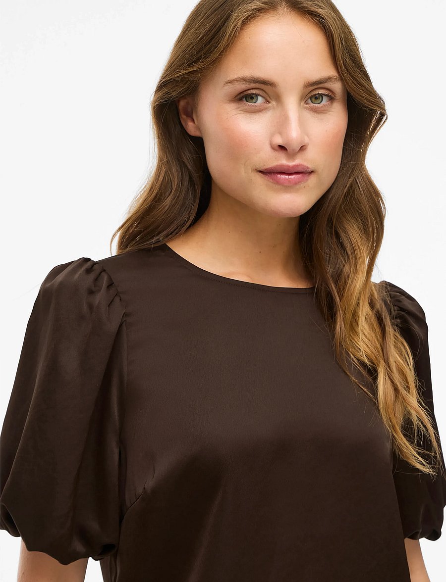 Vila - VIELLETTE 2/4 SATIN PUFF TOP - NOOS - kortärmade blusar - coffee bean - 5