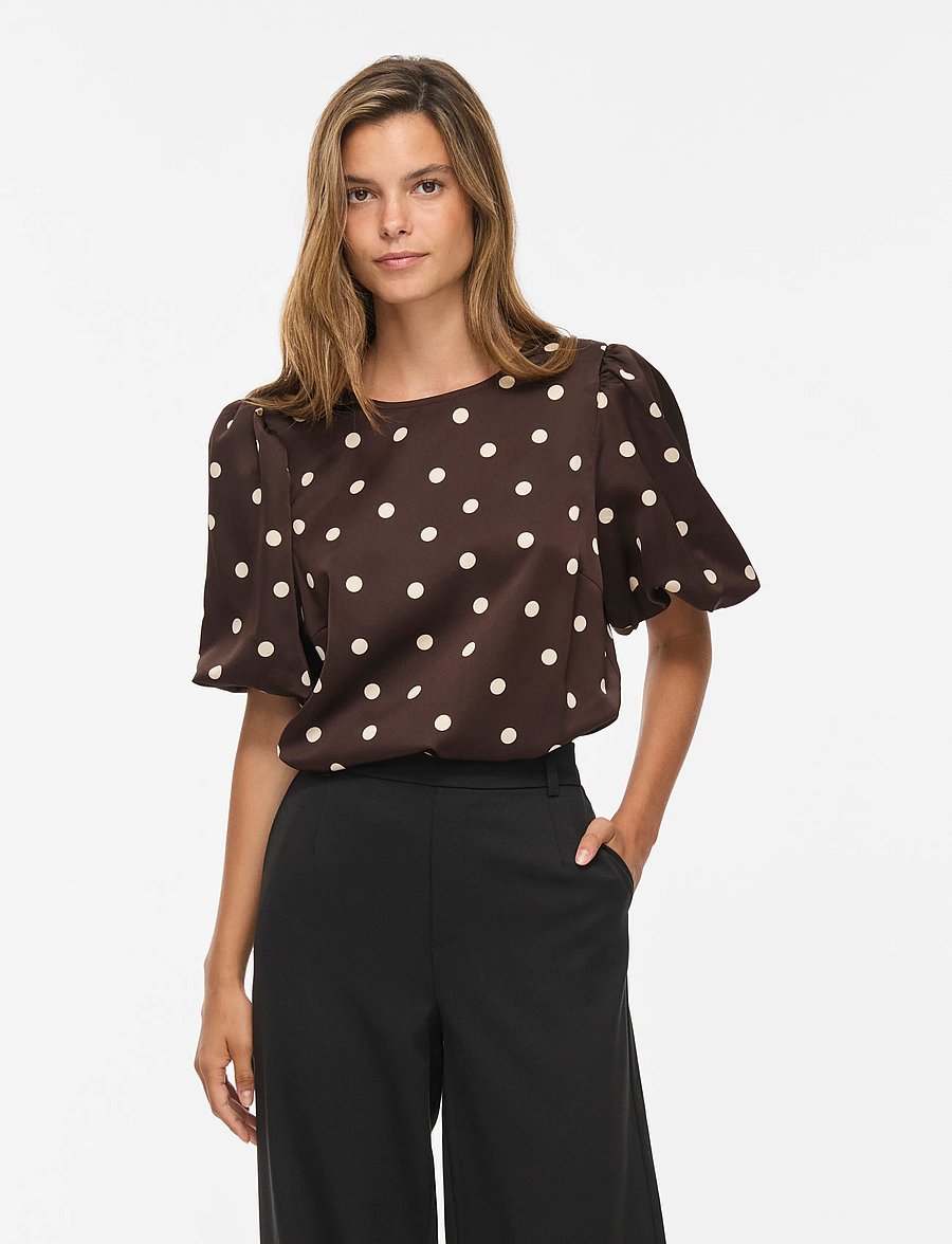 Vila - VIELLETTE 2/4 SATIN PUFF TOP - NOOS - kurzärmelige blusen - coffee bean - 0