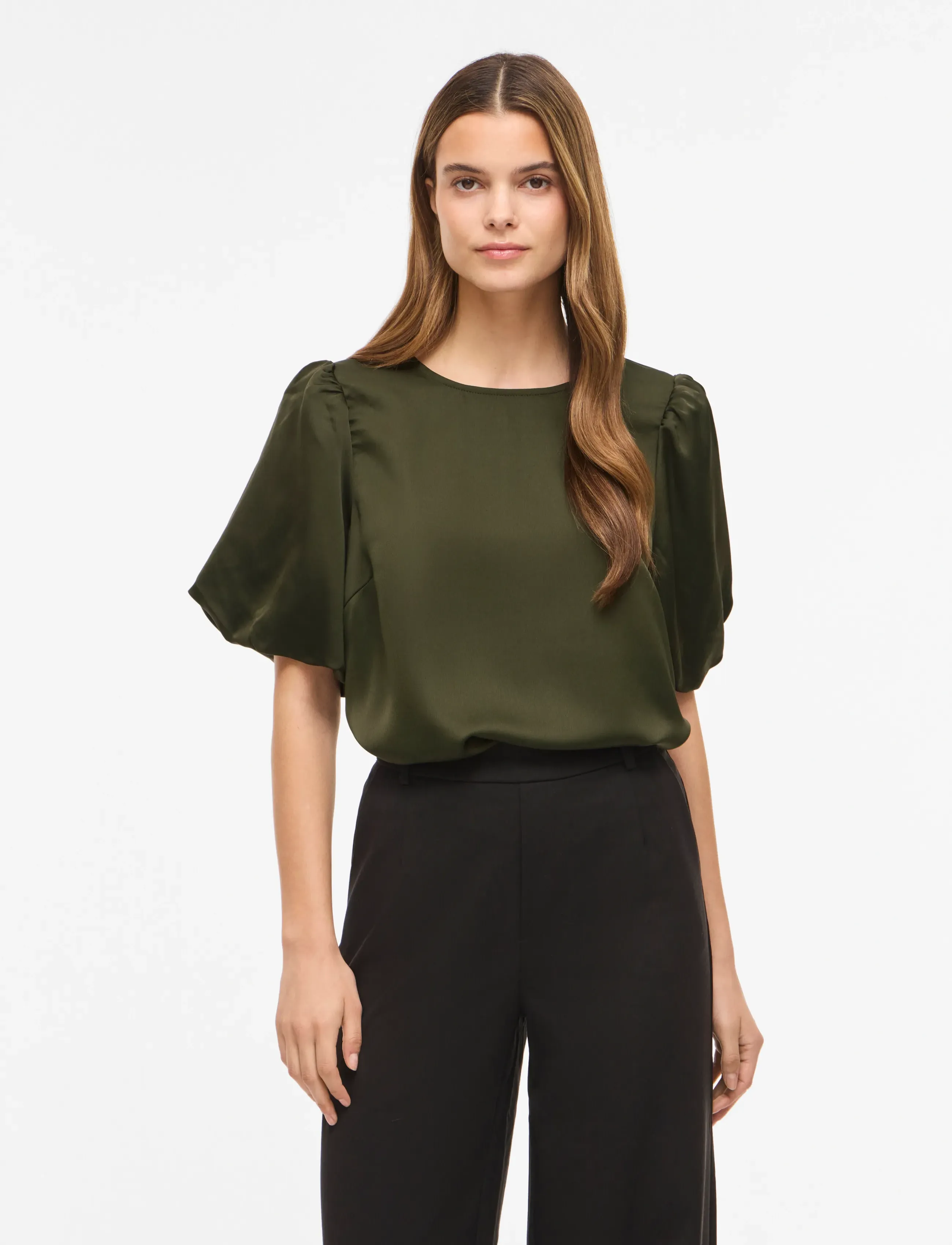 Vila Viellette 2/4 Satin Puff Top - Noos, 36, Khaki green, Skjorter > Kortærmede, Dame
