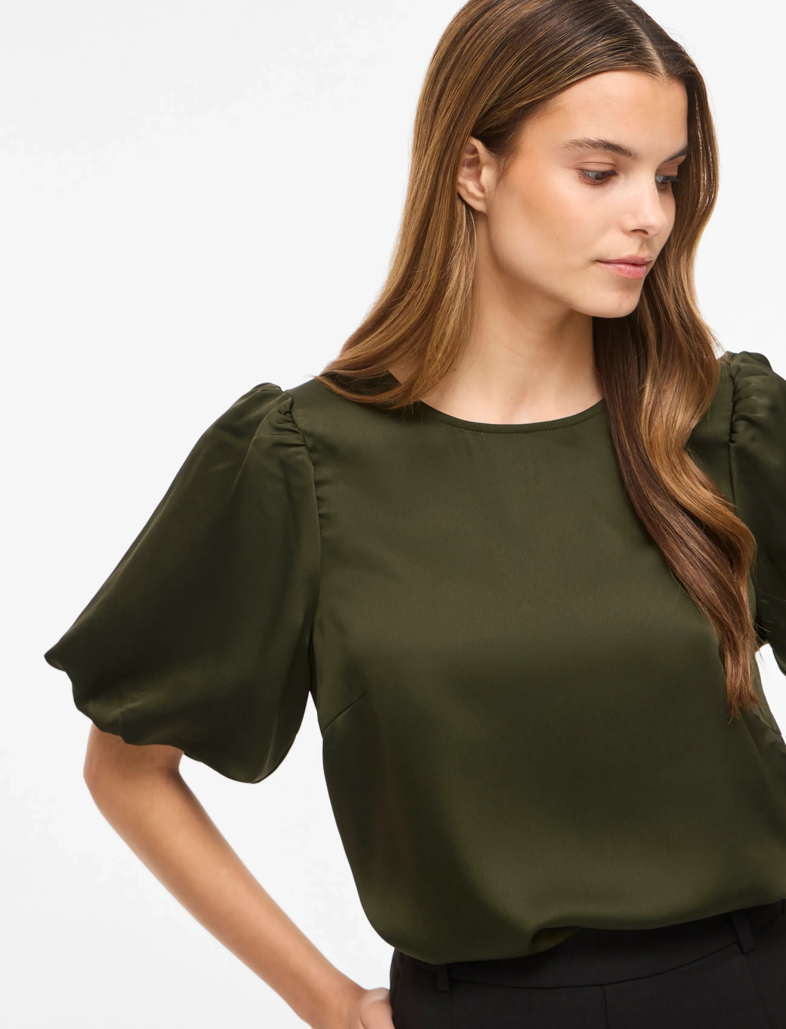 Vila - VIELLETTE 2/4 SATIN PUFF TOP - NOOS - kortärmade blusar - forest night - 5