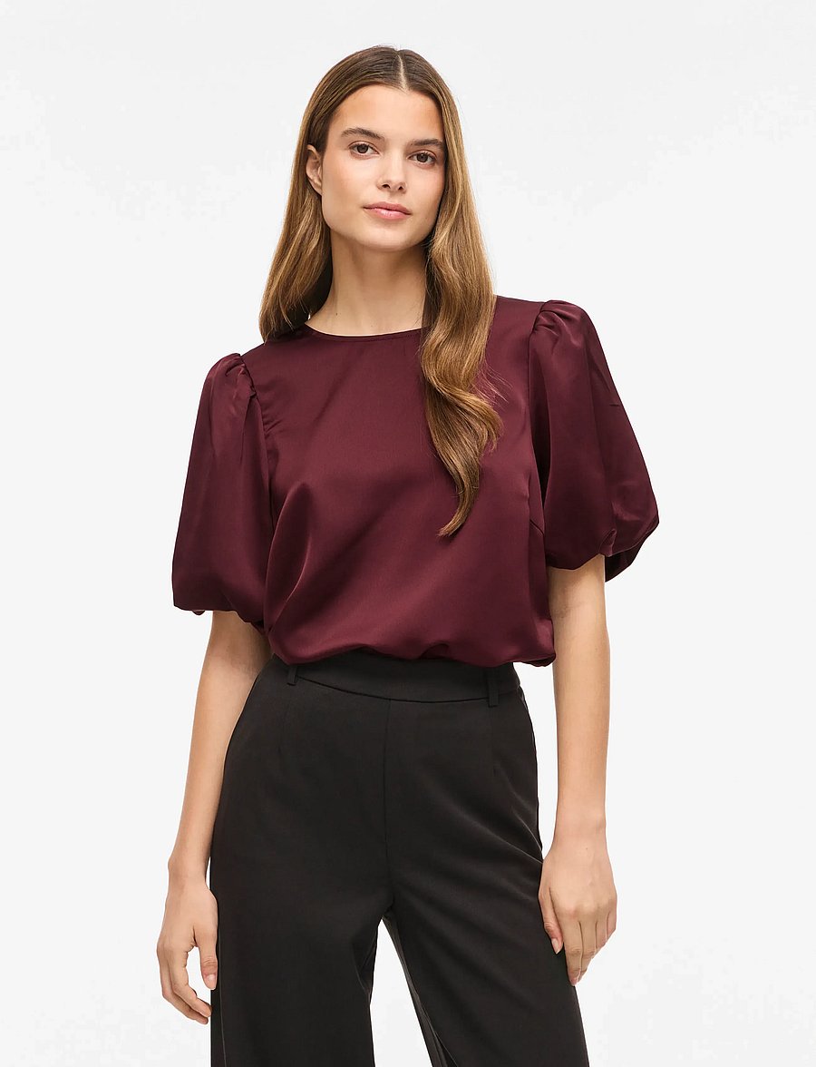 Vila - VIELLETTE 2/4 SATIN PUFF TOP - NOOS - kortärmade blusar - port royale - 0