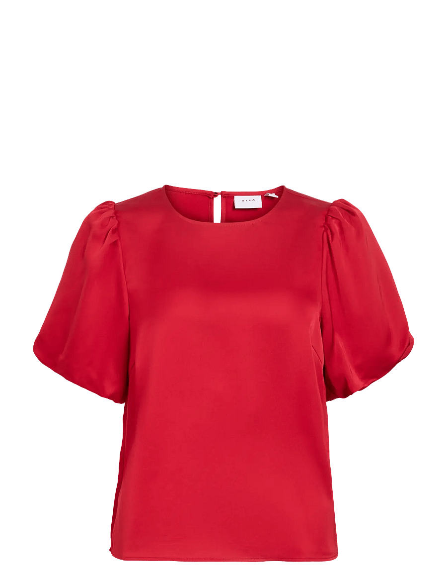 Vila - VIELLETTE 2/4 SATIN PUFF TOP - NOOS - kortärmade blusar - savvy red - 1